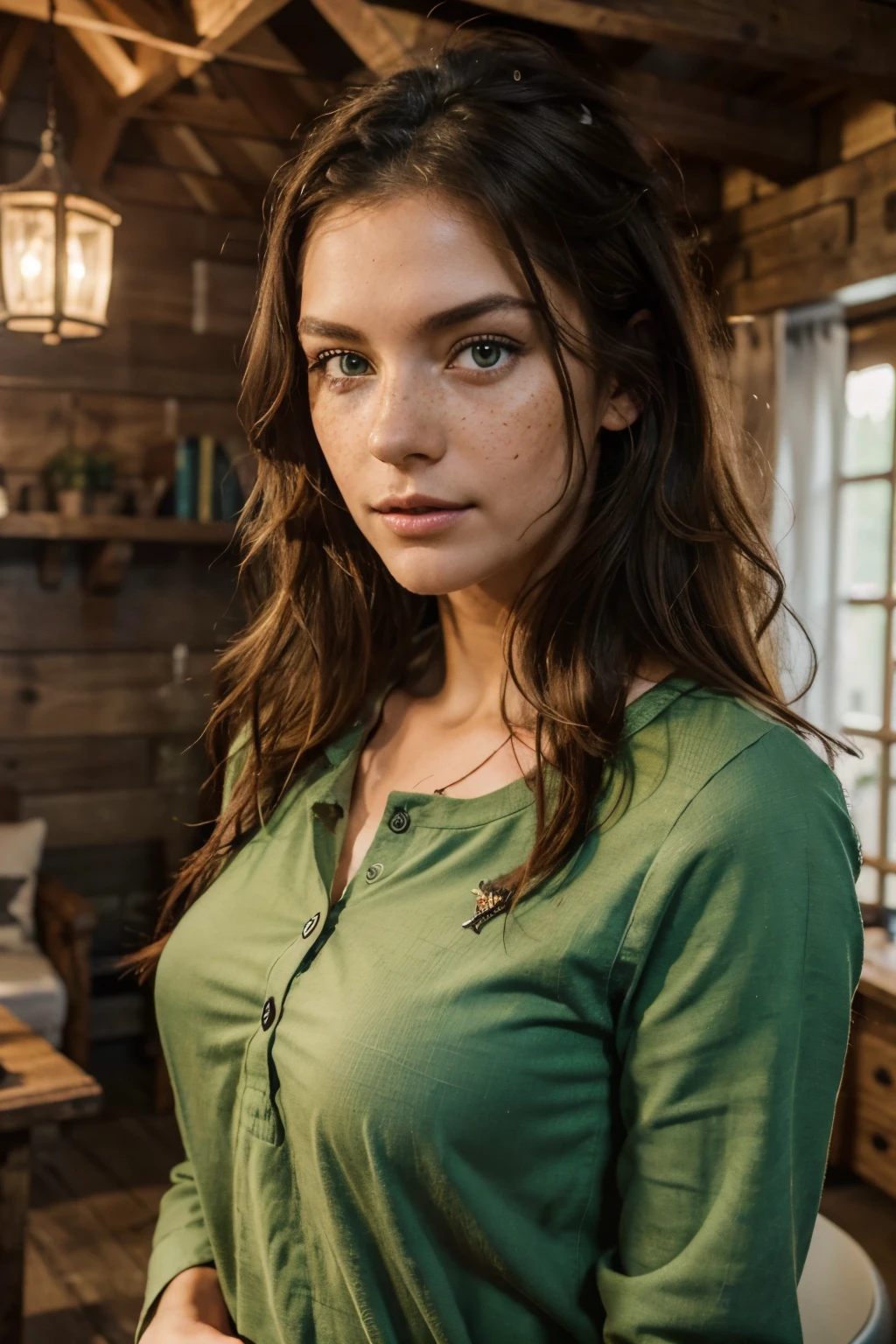 ((Photo of a European woman with freckles and green eyes)), Jeans, Lumberjack outfit, beautiful, Perfekt helle Haut, long and wavy natural black hair, Perfekte Lippen, Thin eyes, thin eyebrows, thin nose, Ohrringe, lange Wimpern, (roter Lidschatten und Make-up), 8K, aufwendig maximalistische Details, Extrem detailliert, Sehr realistisch, Romantische Beleuchtung, Hohe Hautdetails, leichte Hautunreinheiten, holz hackend, axt, log cabin, holz spaltend, im Schlag, enge jeans, perfekter arsch, Foto von der Seite