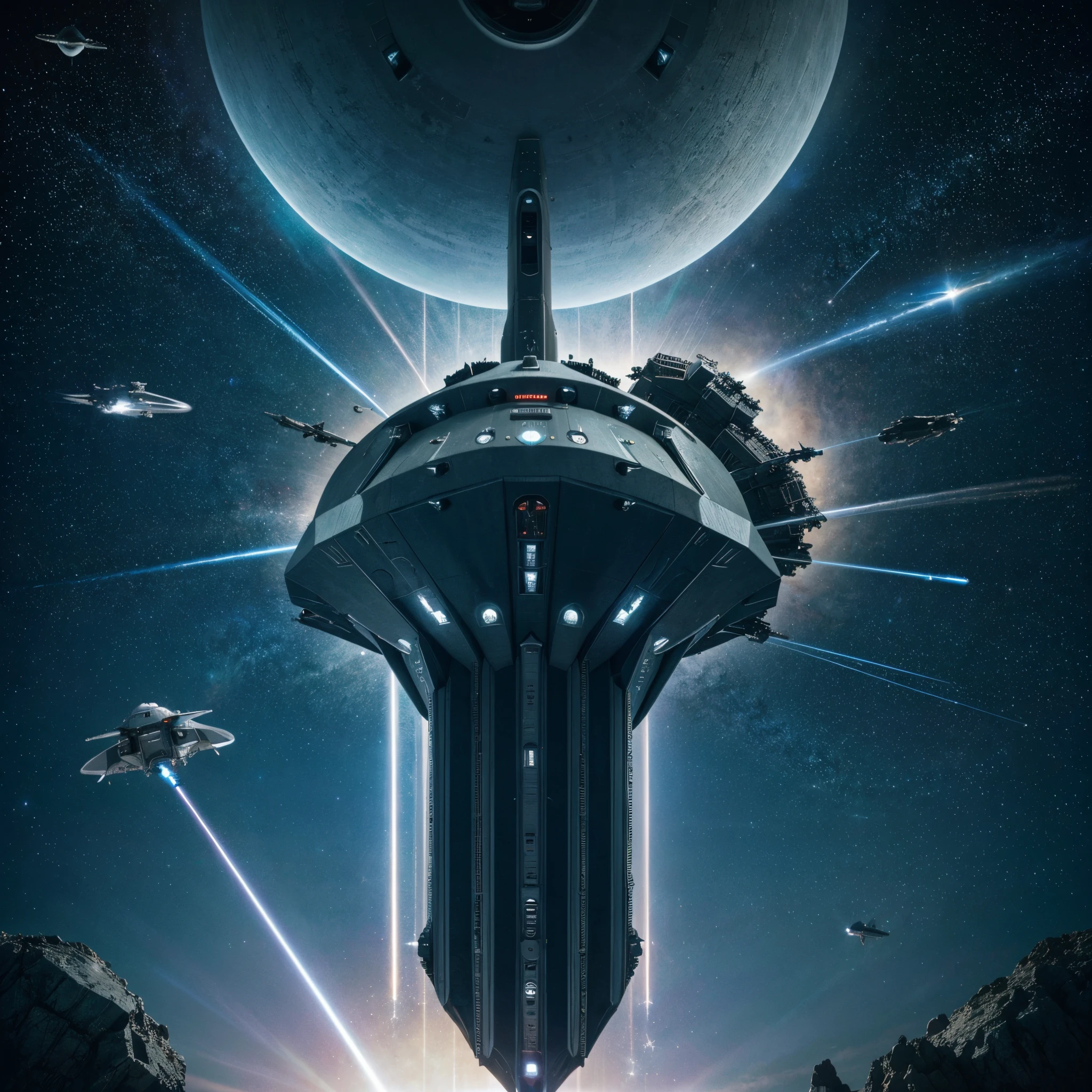 a space ship, starship, science-fiction, space attack aircraft, sci-fi cruiser, dreadnought from space, space interceptor flight, future starship, in orbit of the planet, shooting spaceship, fantastic film, asteroids, Stars