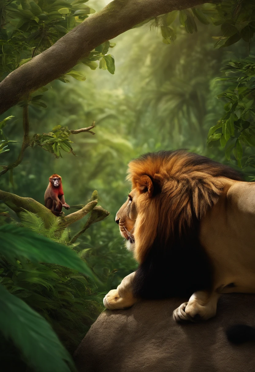 lion sees a monkey in the jungle