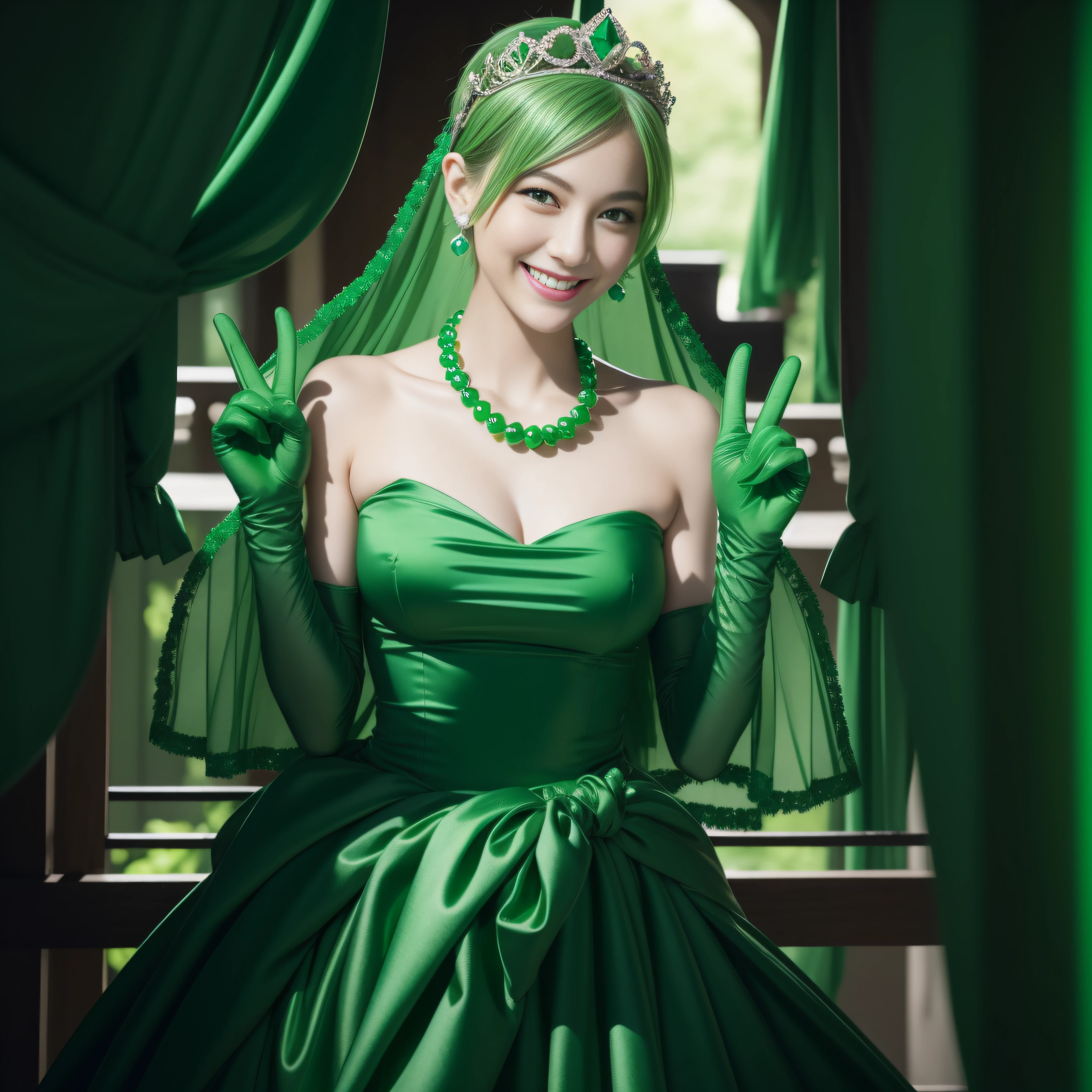 emerald tiara, Green Pearl Necklace, Boyish very short green hair, lipsticks, Japan woman smiling, very short short hair, big breasts beautiful, Green eyes, Long green gloves made of satin material, Green eyes, Emerald Earrings, green vale, v sign