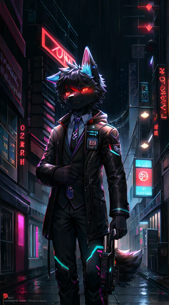 anthro, anthro, black fur color(Male Dog:1.4), (protogen:1.1), Mechanical parts, A stern look, frown, Very detailed portrait solo-1, Standing in the streets, during a downpour, neon and cyberpunk background, She is dressed in coat-clothes, tie, detailed glowing red eyes with distinct pupils, the sinister aura of Halo,, ciberpunk, back light, chromatic aberration, Depth of field, soft-lighting, tmasterpiece, beste-Qualit, an intricate, tone mapped, Detailed, Artstation, ConceptArt, fluent, sharp-focus, dramatic  lighting, Highly detailed works of art, Filmic, hyper-realistic painting, Trending on ArtStation, 8K, Incredible shadows, Realistic, (high detailed background:1.0)