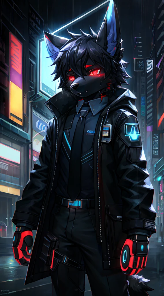 anthro, anthro, black fur color(Male Dog:1.4), (protogen:1.1), Mechanical parts, A stern look, frown, Very detailed portrait solo-1, Standing in the streets, during a downpour, neon and cyberpunk background, She is dressed in coat-clothes, tie, detailed glowing red eyes with distinct pupils, the sinister aura of Halo,, ciberpunk, back light, chromatic aberration, Depth of field, soft-lighting, tmasterpiece, beste-Qualit, an intricate, tone mapped, Detailed, Artstation, ConceptArt, fluent, sharp-focus, dramatic lighting, Highly detailed works of art, Filmic, hyper-realistic painting, Trending on ArtStation, 8K, Incredible shadows, Realistic, (high detailed background:1.0)