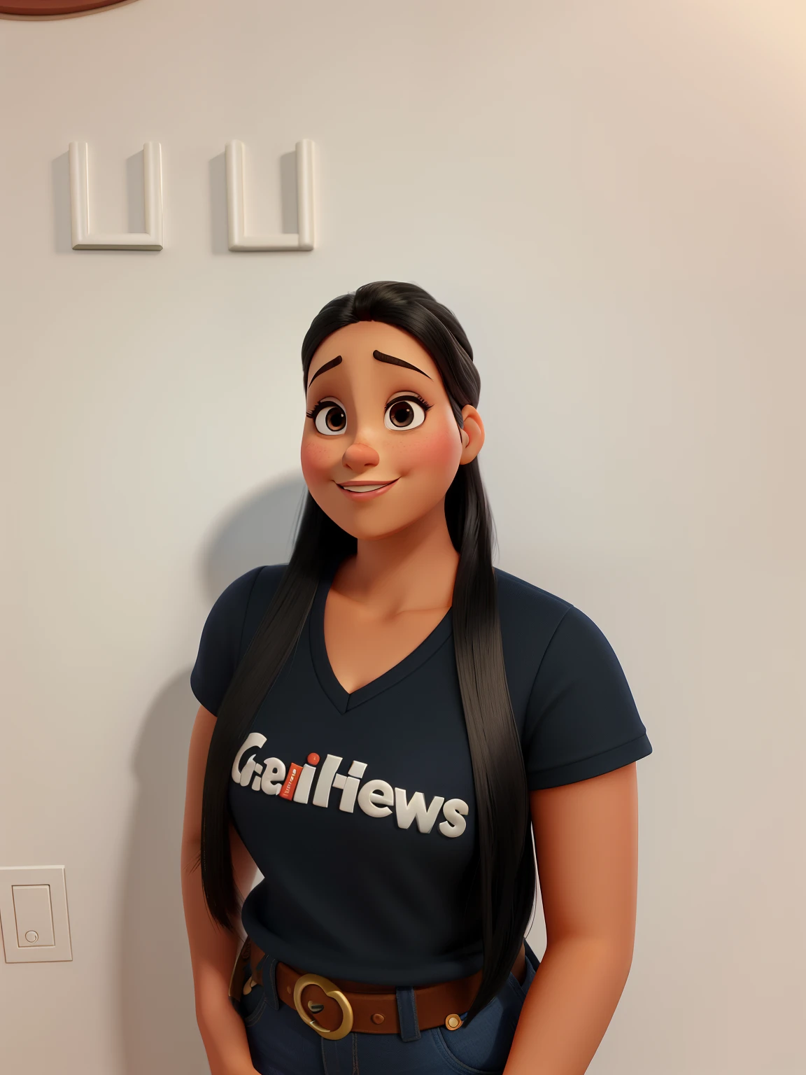 Crie um personagem no estilo da Disney, mulher, morena, cabelos pretos claros longos, olhos pretos, boca sorrindo, standing with hands crossed in front