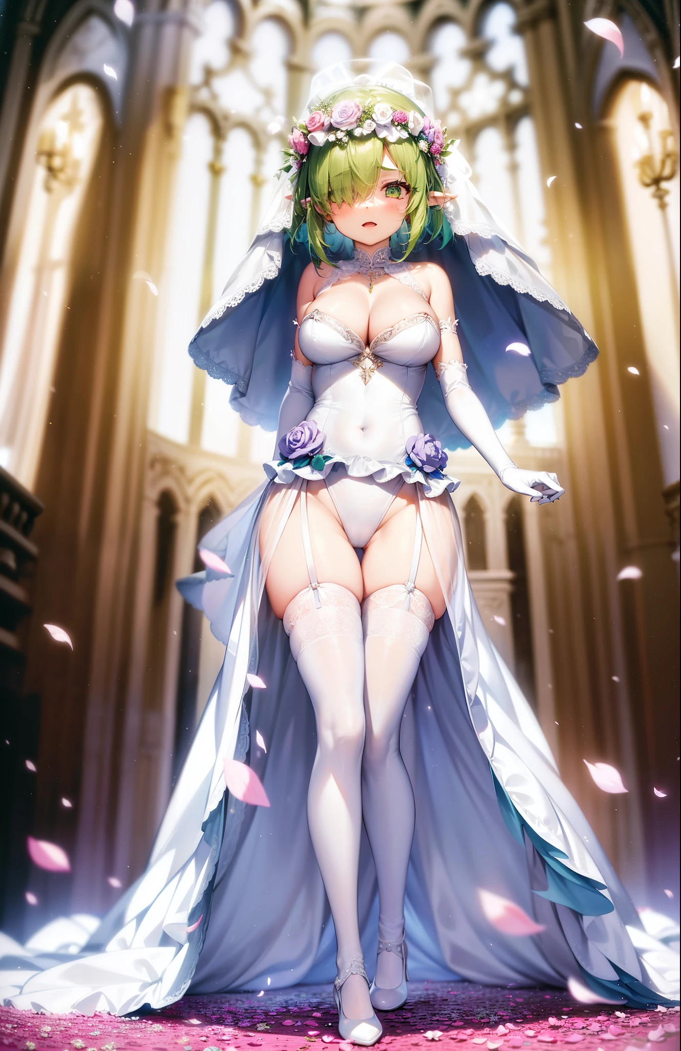1girl, medium hair, masterpiece, best quality, {medium breasts}, pointy ears,  mature female, light green hair, expressionless, cupping hands,  jewelry, ((((hair over one eye)))), covered navel,  head wreath, hand on own thigh, cleavage,  floating hair,   light smile, bridal veil, (((leotard))), facing viewer, standing, frills, {bridal garter}, white thighhighs, green eyes,  half-closed eyes, happy, wedding dress, dot mouth, church, wedding, petals, open mouth, the pose, elbow gloves, lace-trimmed gloves, ass visible through thighs,holding dress, high heels, white footwear, (((clenched hand)))