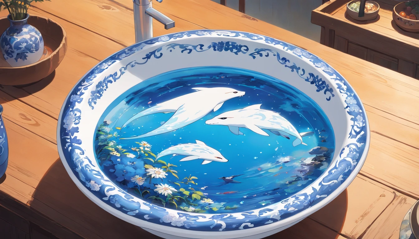 Blue and white porcelain plastic basin