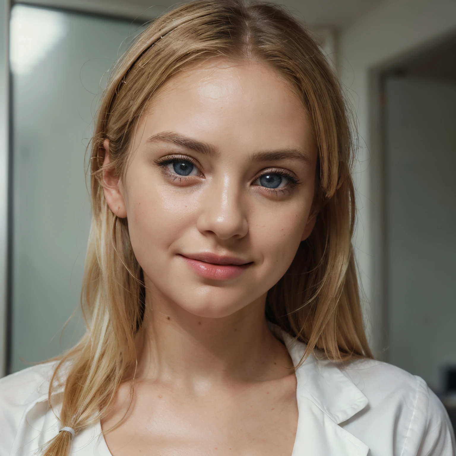 (realistic, photo-realistic:1.4),(8k, RAW photo, best quality, masterpiece:1.2), cute, ultra-detailed,heart-shaped pupils, physically-based rendering, ultra high res, kodakvision color, shot on Arricam LT Camera, bokeh, sharp focus, looking at viewer, photorealistic,realistic, solo, photorealistic, best quality,extremely detailed face,extremely detailed eyes and face, (blond girl,) clear eyes, beautiful detailed eyes,absurdres, incredibly absurdres,(haunting smile),Messy hair, floating hair, round clear big eyes, clear big eyes, moist red lips, sweet, girl,, business jacket, white blouse, ribon tie, receptionist, small breasts, cowboy shot, in office,