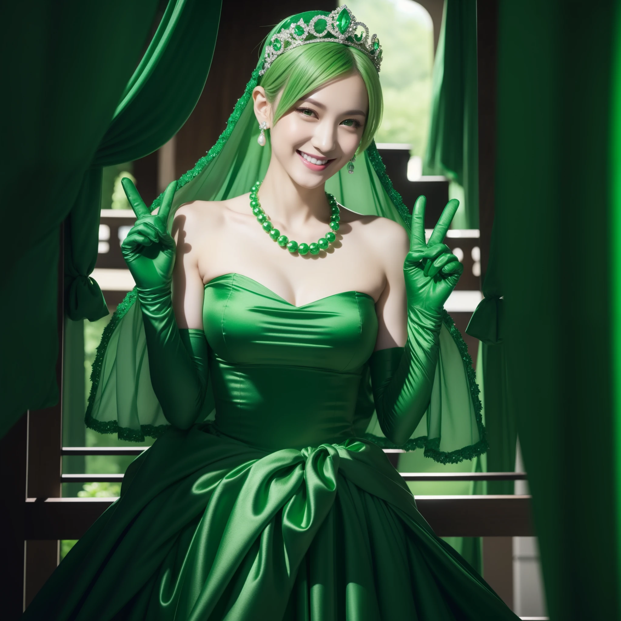 emerald tiara, Green Pearl Necklace, Boyish very short green hair, lipsticks, Japan woman smiling, very short short hair, big breasts beautiful, Green eyes, Long green gloves made of satin material, Green eyes, Emerald Earrings, green vale, v sign