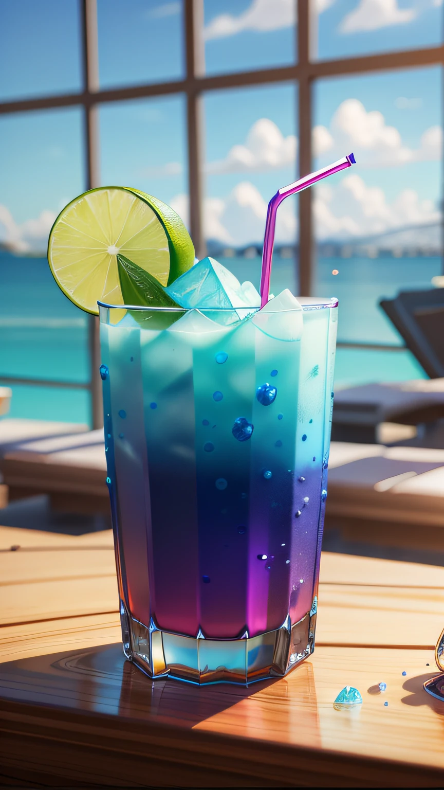 (masterpiece), (best quality), (high resolution), there is a blue and purple drink with a lime slice on the rim, blue moon ray tracing, colorful coctail, stylized digital art, animation style render, illustration, photorealistic colors, cold drinks, blender art, super detailed, lowpoly art, mixing drinks