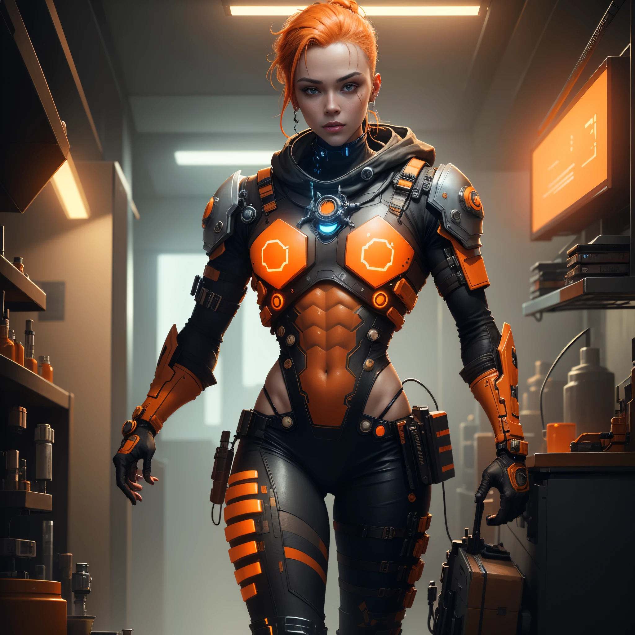 A human with orange colored skin, cyberpunk laboratory setting, high quality digital painting, intricate details, reference from great digital painting artists, 8K