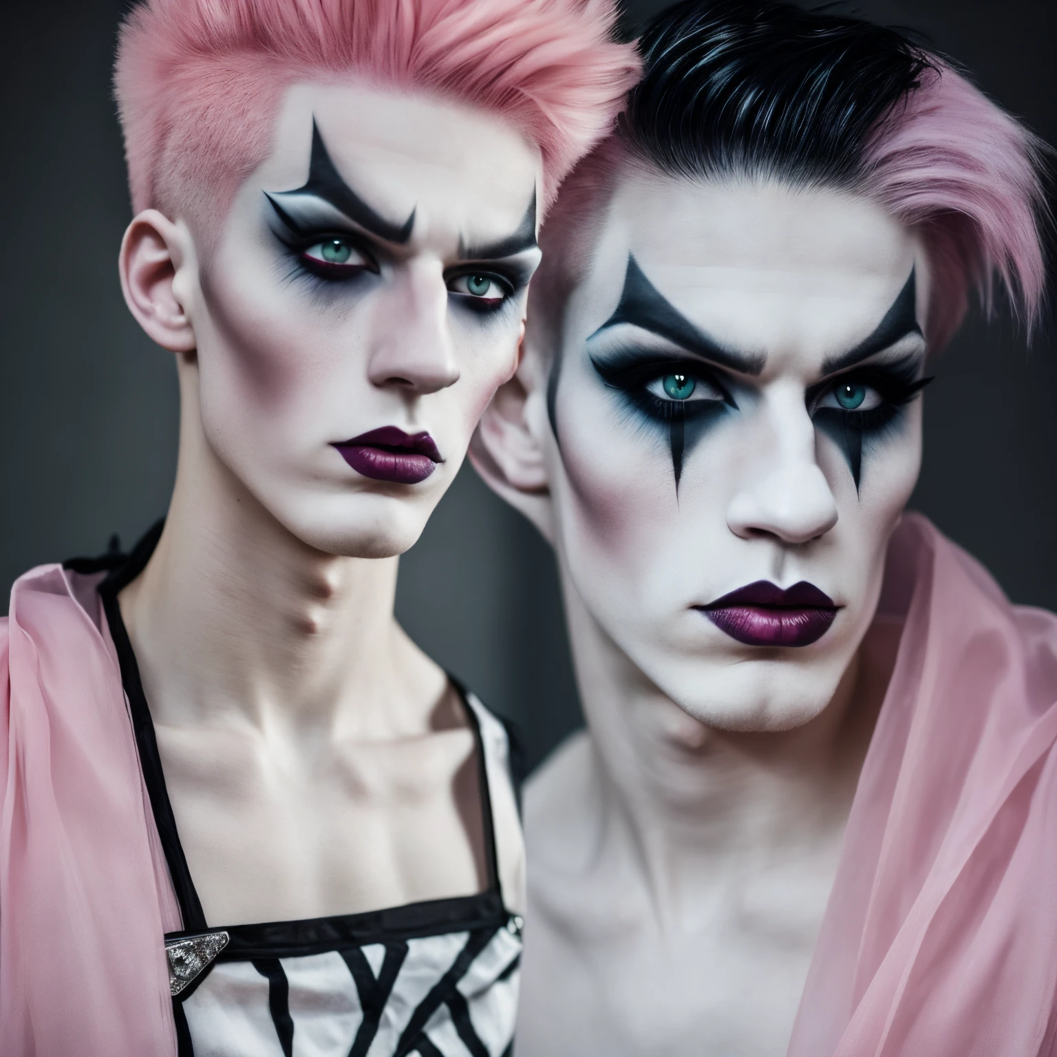 pale skin, light freckles, man around 24 years old, short pink hair, black eyes, black sclera, wearing pink and black, slender and lithe, sharp jaw, diamond shaped face, ultra sharp focus, realistic shot, modern drag makeup, pastel colors, slight clown aesthetic, heavy eyeliner, sharp eyeliner, male, man, pastel goth, white cat ears, black undercut, faded undercut, soft hair, cute boy, high cheekbones, dramatic makeup, drag makeup, clown eyeliner