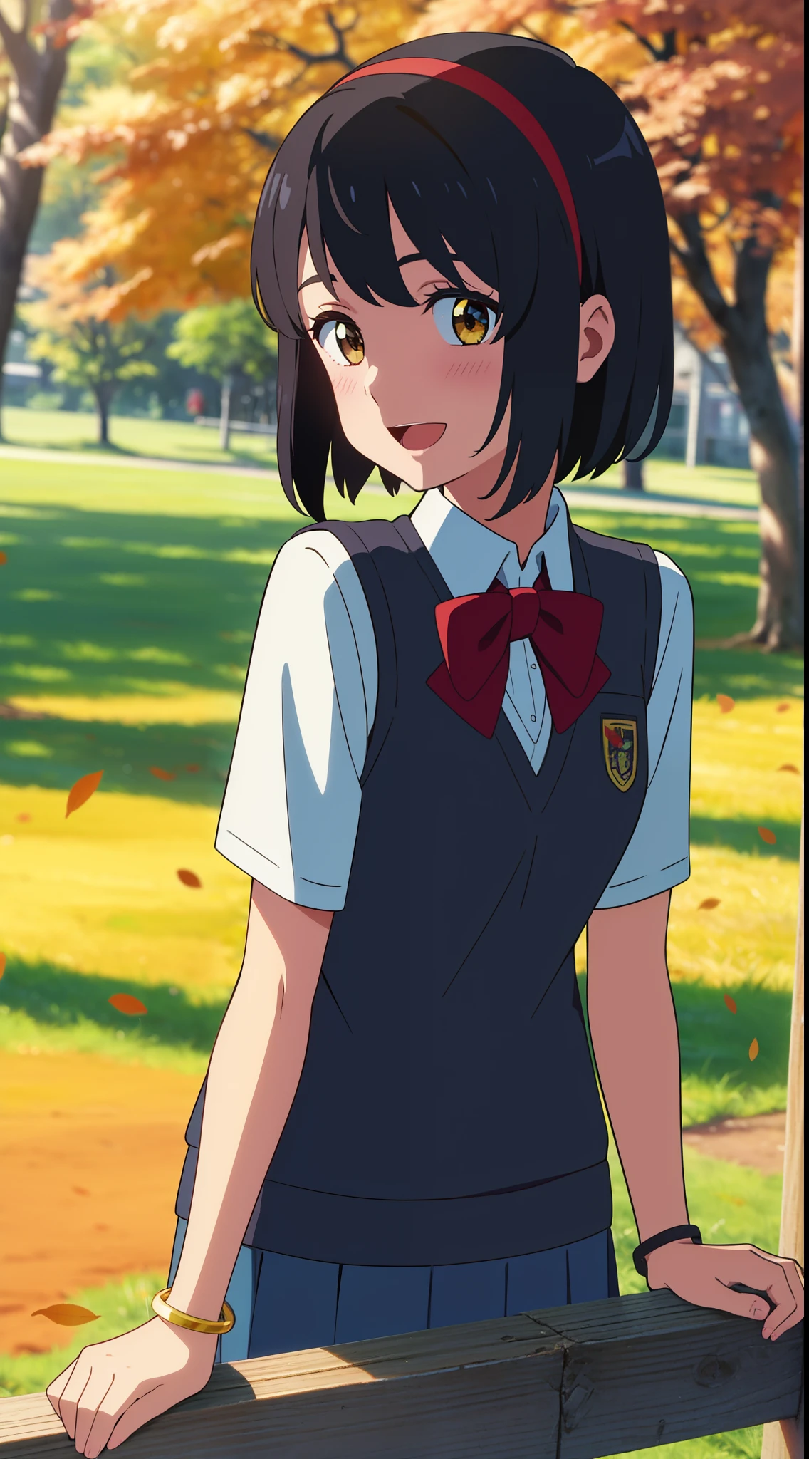 (masterpiece, best quality, high quality, highres, ultra-detailed), shinkai makoto, kimi no na wa., 1girl, bangs, black hair, blush, bright eyes, brown eyes, headband, looking at the viewer, red bow, red headband, red ribbon, school uniform, shirt, white shirt, skirt, black skirt, short sleeves, short hair, medium breasts, solo, day, Outdoors, shiny skin, standing, shadow, smile, happy, bracelet, school backpack, {{{{{{in autumn}}}}}}, maple tree, falling leaves, autumn scenery, warm color., beautiful, pretty, {{{{fluttering leaves}}}}