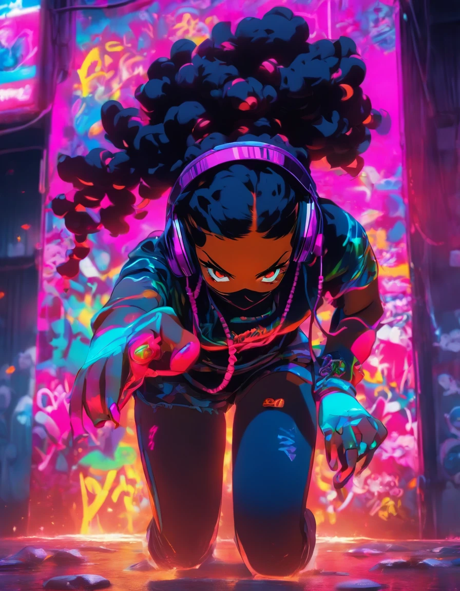 https://s.mj.run/s_RV85aYiU8 https://s.mj.run/pfoSgQXrkB4 dark skin woman, hip-hop revival, rap rebel, headphones,::4 (graffiti artist tagging a wall with her insignia in neon spray paint) rebellious, alluring, challenging, paint spray can, heaphones, gas mask, detailed glowing neon bodypaint,::4 exotic urban body art, hip-hop baddie, hip-hop rebel,::2 busty, round hips, heart-shaped ass, gold eyes, black braids, headwrap, tone muscles,high paced,sensuality rebellion detailed body features, hip-hop aesthetics::3 , ((, hip-hop revival, and revolution)),, perfect face and body:: , Cel-shaded, full body,masterpiece, ultra-detailed, 96k Cinematography, HDR,highly detailed)( sense of depth, depth of field , anime-realism, ufotable studios,movie scene, action scene,photorealistic,real 3d, depth of field, dynamic angle, scenery, dramatic lighting, volumetric lighting , body-fix, more_details
