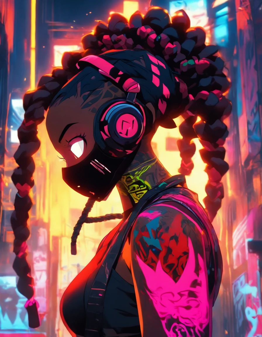 https://s.mj.run/s_RV85aYiU8 https://s.mj.run/pfoSgQXrkB4 dark skin woman, hip-hop revival, rap rebel, headphones,::4 (graffiti artist tagging a wall with her insignia in neon spray paint) rebellious, alluring, challenging, paint spray can, heaphones, gas mask, detailed glowing neon bodypaint,::4 exotic urban body art, hip-hop baddie, hip-hop rebel,::2 busty, round hips, heart-shaped ass, gold eyes, black braids, headwrap, tone muscles,high paced,sensuality rebellion detailed body features, hip-hop aesthetics::3 , ((, hip-hop revival, and revolution)),, perfect face and body:: , Cel-shaded, full body,masterpiece, ultra-detailed, 96k Cinematography, HDR,highly detailed)( sense of depth, depth of field , anime-realism, ufotable studios,movie scene, action scene,photorealistic,real 3d, depth of field, dynamic angle, scenery, dramatic lighting, volumetric lighting , body-fix, more_details