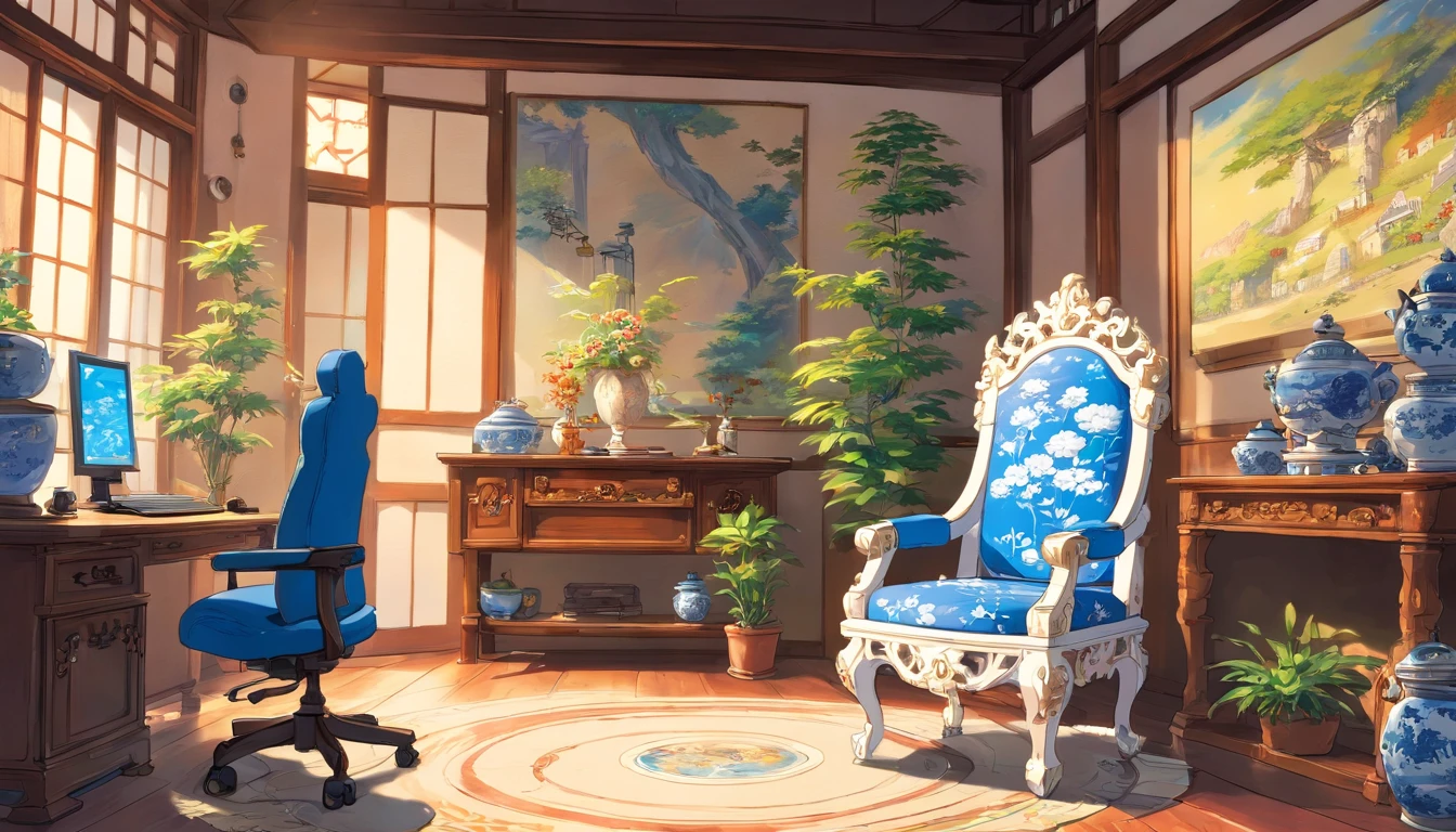 Blue and white porcelain computer chair