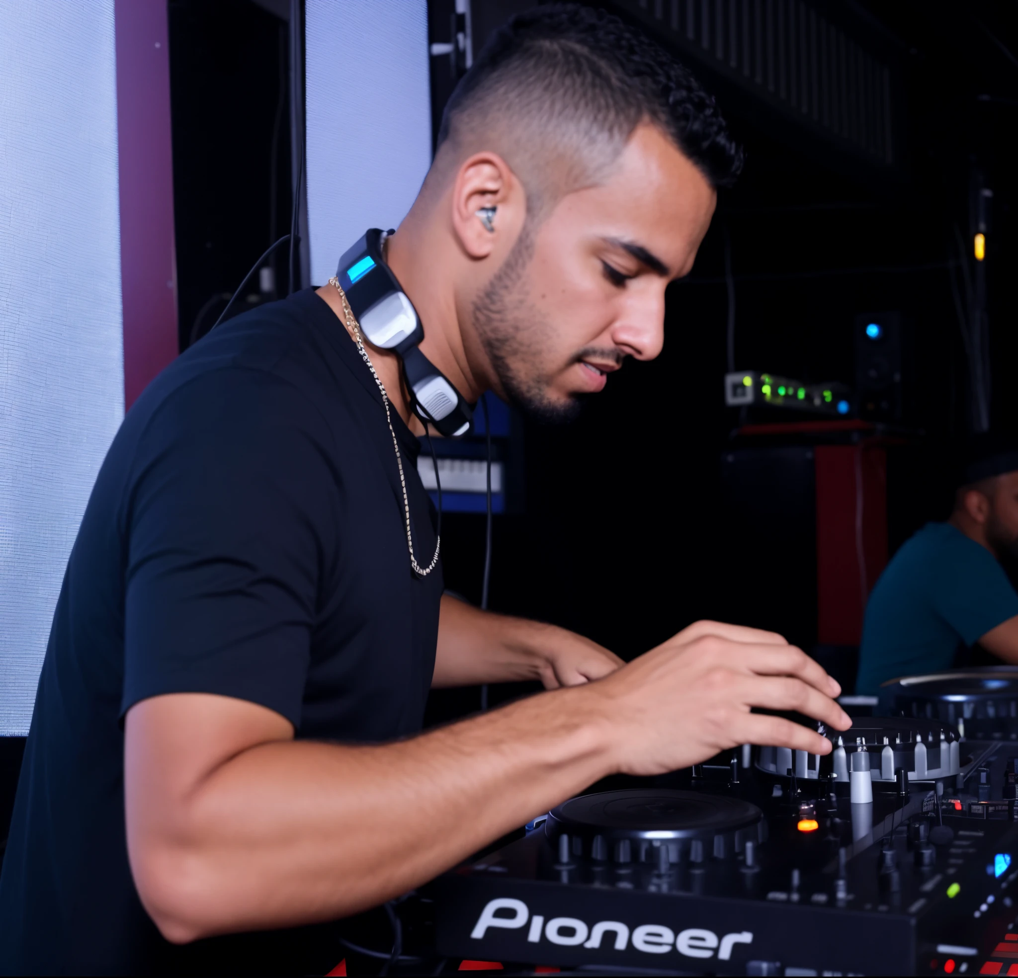 arafed man in a black shirt playing music on a DJ's mixer, Conjunto de DJ, caio santos, Joel Torres, Pablo Perdomo, DJ em uma festa, Dan dos Santos, DJ Sura, Pablo Oliveira, andres rios, DJING com toca-discos DJ, danilo torres, taken in the early 2020s, tocando techno house music