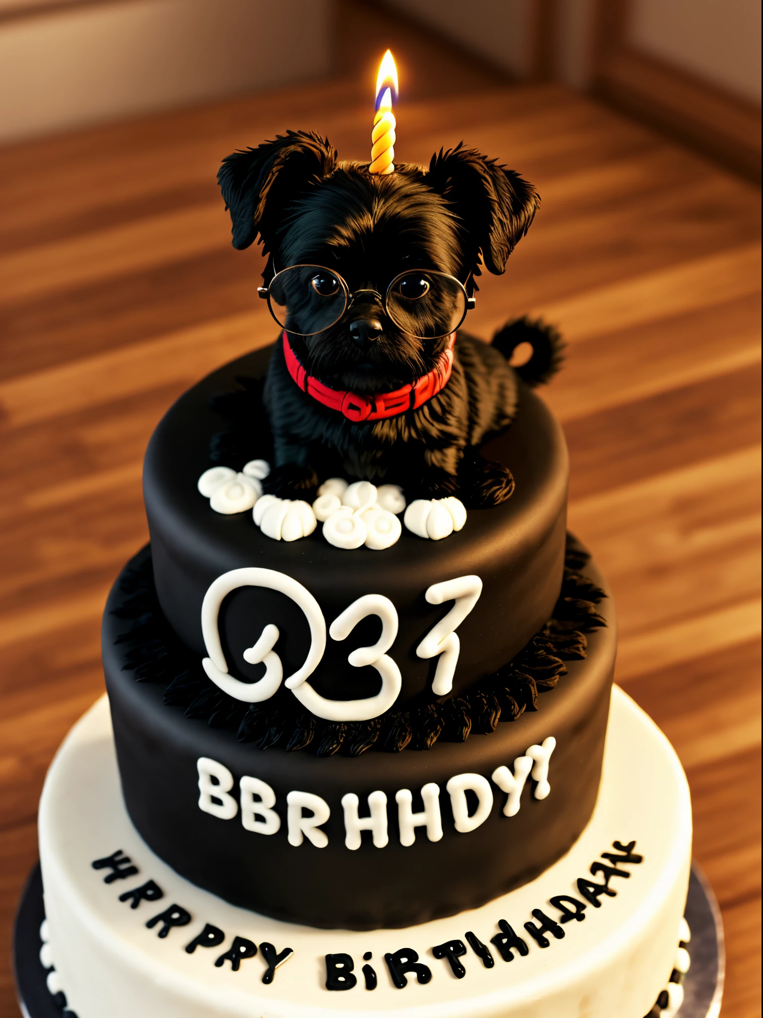Do it in Disney and Pixar style : a black woman with short afro hair who wears glasses, Celebrating Your Birthday, on the cake there is a candle with the number 34, Around her are six Lhapsa Apso dogs and a black dog and a Ragdool cat.