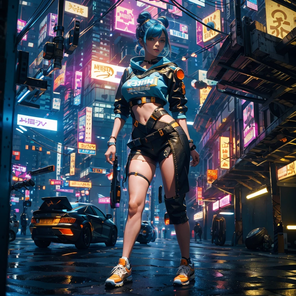 (masterpiece, top quality, best quality, official art, beautiful and aesthetic:1.2),(1girl:1.4),full body,([pink|blue] hair:1.5),extreme detailed,(fractal art:1.3),(colorful:1.5),highest detailed,(Mechanical modification:1.3),(modification:1.2),Maiden,(A complex mechanical conduit is inserted into the back:1.5),catheter,(neon background:1.4),(neon city:1.75),night,large breasts,(gothic_ta:1.2),high heels,(nude:0.75),makeup,blush,(cyberpunk:1.4),((looking at viewer:1.3)),((looking back)),Sofia Boutella, brunette, tanned, huge tits, nikon d850 film stock photograph 4 kodak portra 400 camera f1.6 lens rich colors hyper realistic lifelike texture dramatic lighting unrealengine trending on artstation cinestill 800,