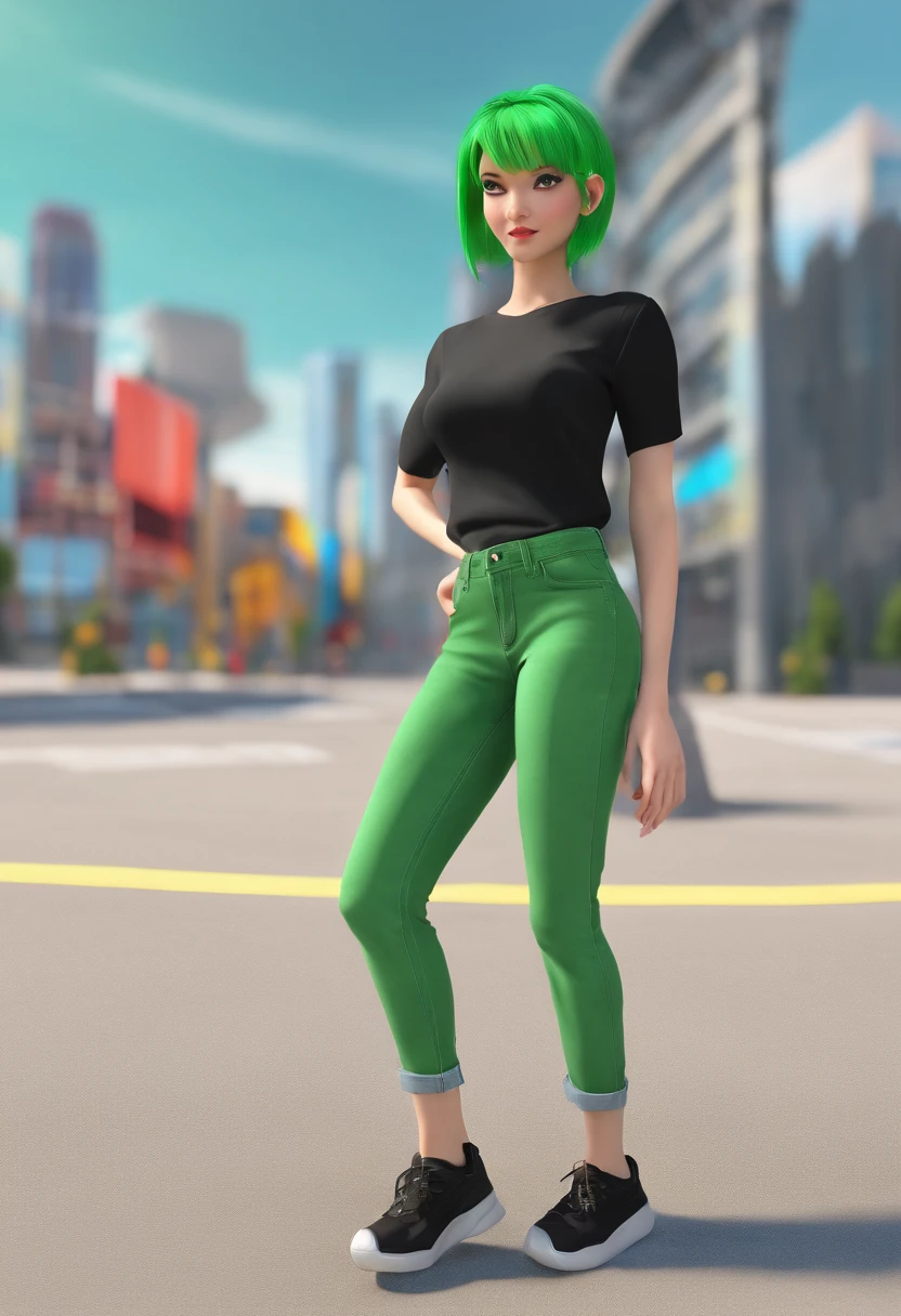 green hair girl in slim fit jeans and black t-shirt showing her feet, 5 toes