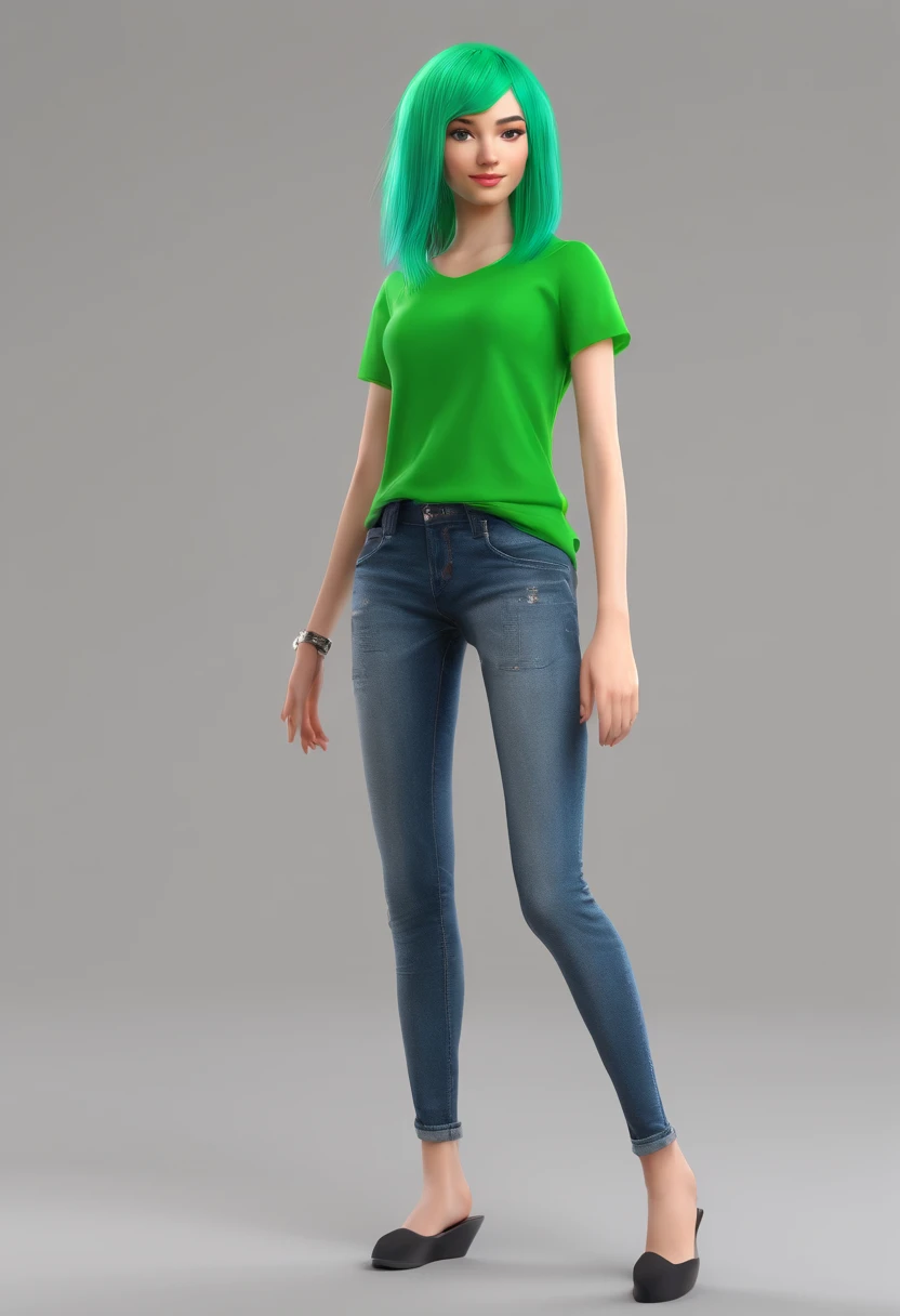 green hair girl in slim fit jeans and black t-shirt showing her feet, 5 toes