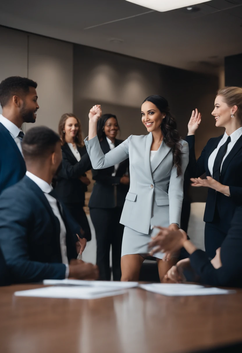 A boomerang of Madison and her team high-fiving after a successful boardroom presentation.,original,Madison Kane is a tall woman with jet black hair in a ponytail, and piercing blue eyes. Her skin is a fairer tone, and flawless. , female