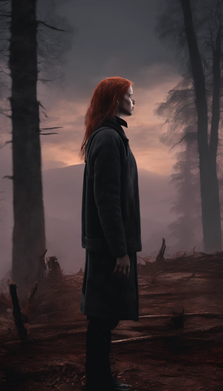 (8k, RAW photo, best quality, masterpiece:1.2),(realistic, photo-realistic:1.37), ((best quality)), ultra high res,extremely detailed CG unity 8k wallpaper, physically-based rendering,cinematic lighting,full body, (bokeh:1.4), (1 girl red hair), sit, watch sunset, warm sunset, beautiful sky, cloudy, purple mountains, view from far, from below