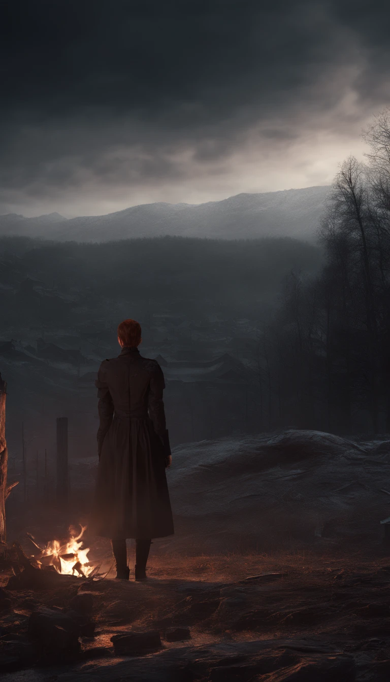 (8k, RAW photo, best quality, masterpiece:1.2),(realistic, photo-realistic:1.37), ((best quality)), ultra high res,extremely detailed CG unity 8k wallpaper, physically-based rendering,cinematic lighting,full body, (bokeh:1.4), (1 girl red hair), sit, watch sunset, warm sunset, beautiful sky, cloudy, purple mountains, view from far, from below