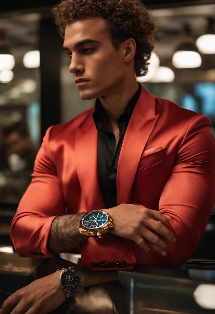 The image is of the character posing with a few expensive watches at a luxury watch store in Miami.,original,25 years old, has shaved sides but curly hair on top. Lives in Miami. Drives a g wagon, , male