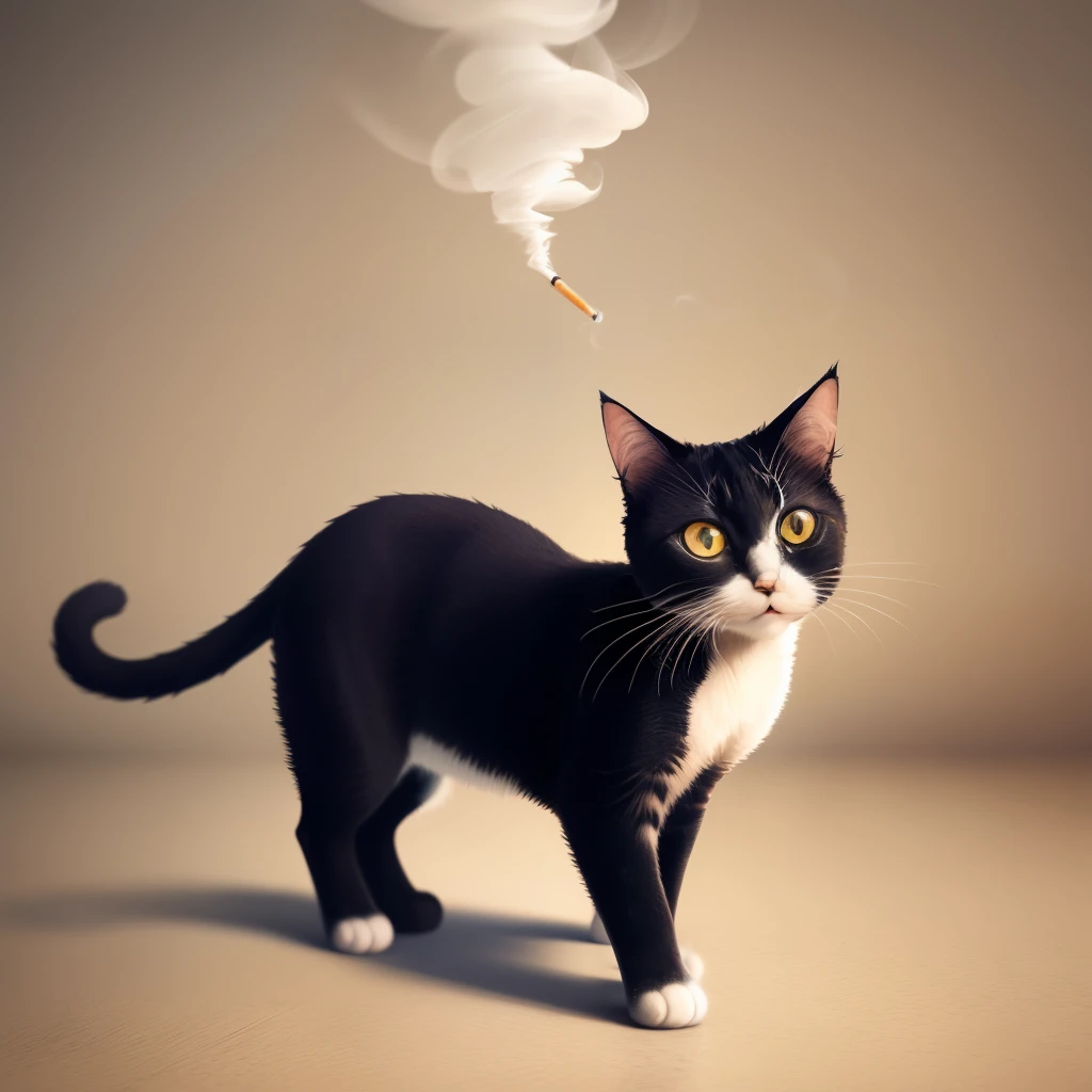 Cat standing on its back legs with a cigarette in its mouth