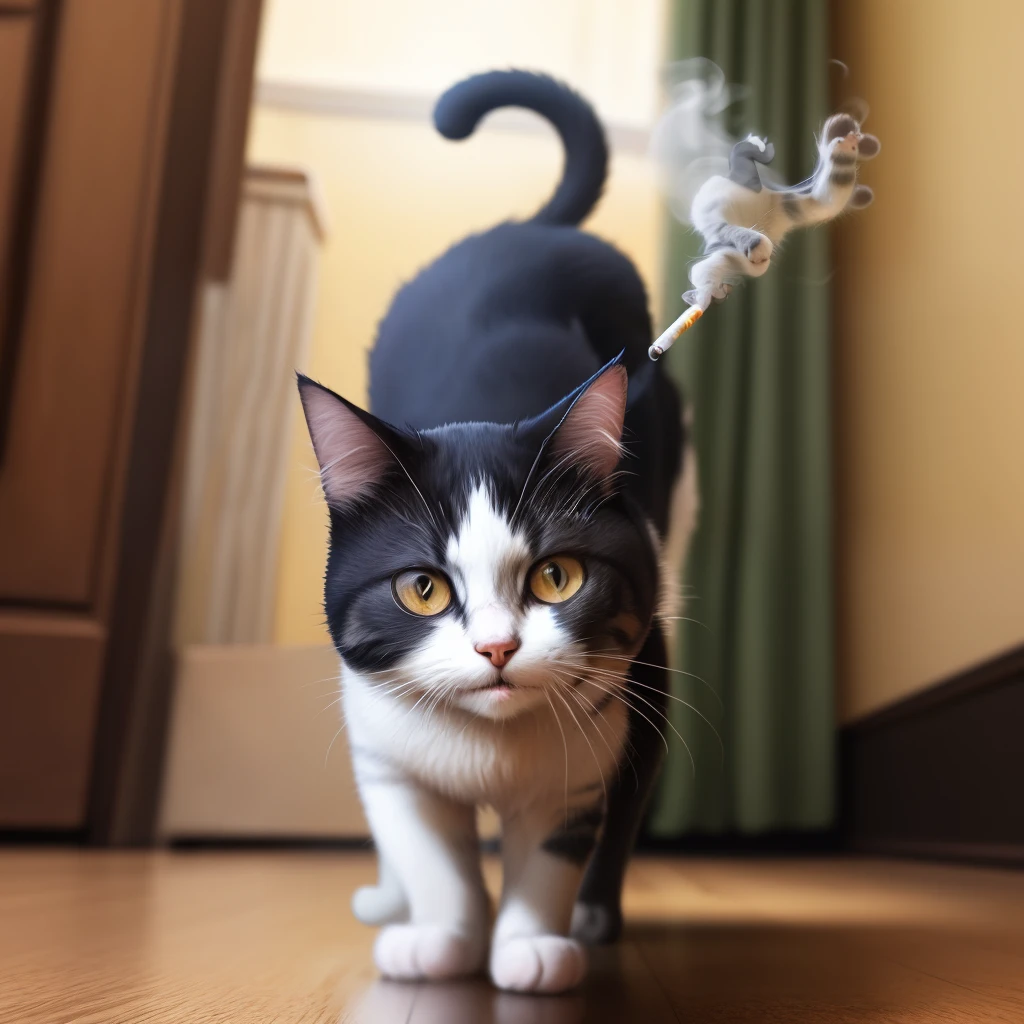 Cat standing on its back legs with a cigarette in its mouth
