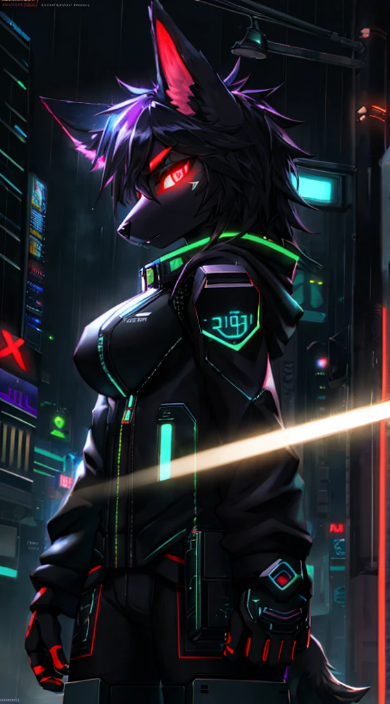 anthro, anthro, black fur color, wide shoulders ,(dog man:1.4), (protogen:1.1), Mechanical parts, A stern look, frown, Very detailed portrait solo-1, Standing in the streets, during a downpour, neon and cyberpunk background, She is dressed in coat-clothes, tie, detailed glowing red eyes with distinct pupils, the sinister aura of Halo,, ciberpunk, back light, chromatic aberration, Depth of field, soft-lighting, tmasterpiece, beste-Qualit, an intricate, tone mapped, Detailed, Artstation, ConceptArt, fluent, sharp-focus, dramatic lighting, Highly detailed works of art, Filmic, hyper-realistic painting, Trending on ArtStation, 8K, Incredible shadows, Realistic, (high detailed background:1.0)