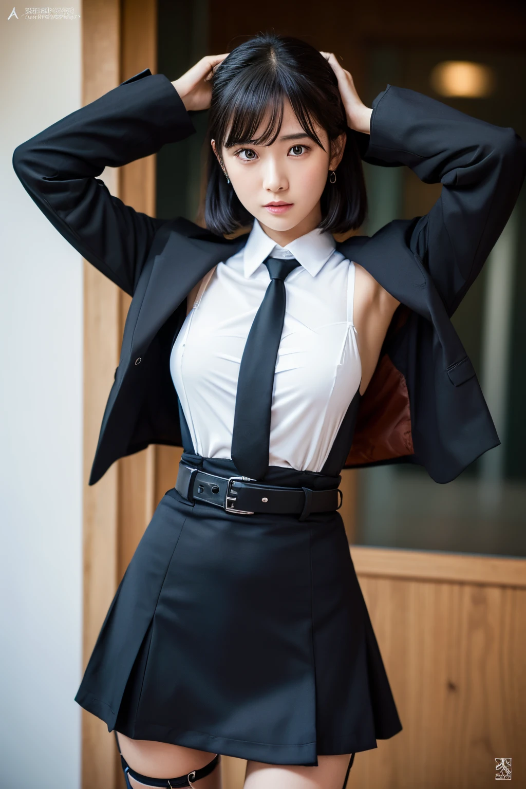 (masutepiece:1.2),High quality,vivd colour,flat-colors,Deep Depth Of Field,Lens Flare,1 girl,Black hair,eyecontact,Suit,Collared shirt,Belt bag,suspenders,Professional,Office Lady,Mature Women,Black mini skirt garterbelts knee high Stockings Black Niso Colorcon armpit sweat perspiring Side of both hands,Black jacket,Gaze,ample bosom,Armpit sweat,Exposing the armpits"Pichi Pichi clothes