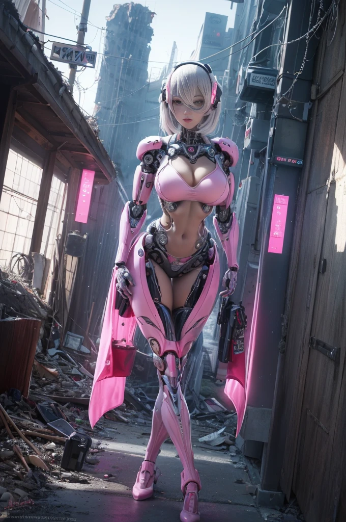 Un primer plano de una mujer con un traje rosa posando para una foto, (cuerpo cyborg ginoide:1.4), biomechanical oppai, anime robotic mixed with organic, cuerpo ginoide, Linda Chica Cyborg, highly detailed cybernetic body, girl in mecha cyber armor, Perfecto anime cyborg mujer, Chica cyborg, Chica androide perfecta, Broken hermosa mujer androide!,More detailed 8K.motor irreal:1.4,UHD,La mejor calidad:1.4, fotorrealista:1.4, textura de la piel:1.4, obra maestra:1.8,obra-prima, mejor calidad,objeto Objeto], (detailed face features:1.3),(Apocalyptic city destroyed:1.4),(cabello rosado largo:1.4),（Beautiful and detailed eye description）,(manos:1.4),(Pink Silver Robotic Suit:1.4)