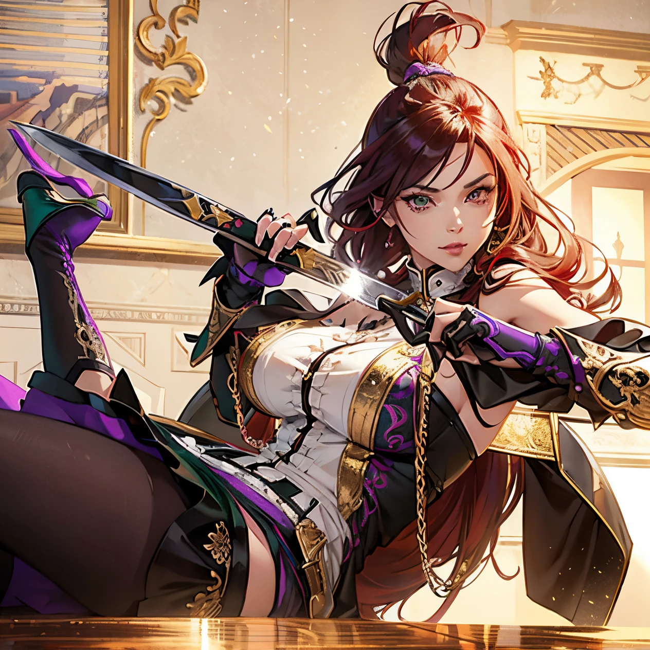 tmasterpiece, Best quality, hyper-detailing, CG illustration, Proper shading, Best quality at best,8K,tmasterpiece,Master illustration,1人の女性,Sharp,largeeyes,Tiger Tooth,ssmile,canineteeth,pony tails,Dark green hair,Purple pupils,purple eyeliner,bayonet,Bayonet in hand,Double knife,with two knives,assassins,veneno,The knife is poisonous,Full-body art,Pale green skirt,boots,leather boots,Sensual posture,dangerous,It looks dangerous