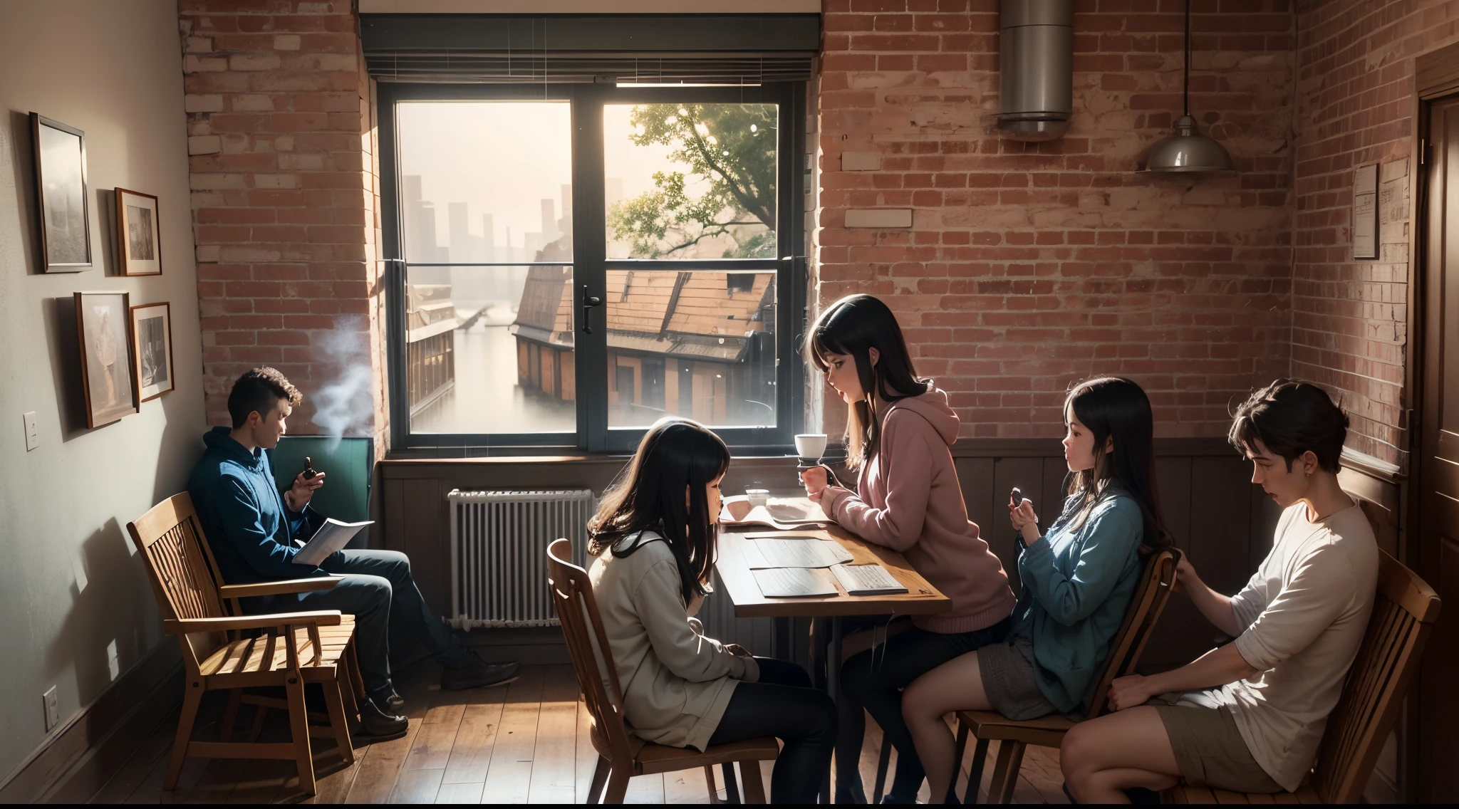 Imagine a cozy and nostalgic setting, where lofi music finds its true home. The stage is a cozy cafe, with large windows that reveal a cityscape drenched in gentle rain. City lights reflect off puddles of water, creating a soft, relaxing glow.  The worn wooden tables are decorated with cups of steaming coffee and open books. The walls are covered in brick, and a vinyl shelf displays a collection of old albums. A fireplace crackles softly in the corner, providing a comforting warmth to the scene.  In the center of the cafe, a lazy cat lounges on a soft rug, while customers settle into cushioned chairs, losing themselves in their thoughts or delving into the books in their hands. Some have laptops open, revealing a glimpse of creative work in progress.  The atmosphere is flooded with soft, diffused light, creating soft shadows that dance across the walls. The rain outside is gently tapping against the windows, adding a comforting layer to the lofi music that fills the space. The air is filled with the aroma of fresh coffee and subtle notes of vanilla.  As the minutes tick by, the scenery comes to life with small, animated details like smoke rising from cups, book pages slowly turning, and raindrops running down windows. The movement is calm, harmonizing perfectly with the lofi music, creating a relaxing and immersive visual and sound experience. This is the perfect retreat for those seeking inspiration, tranquility and a well-deserved break from the hectic pace of everyday life. --auto --s2