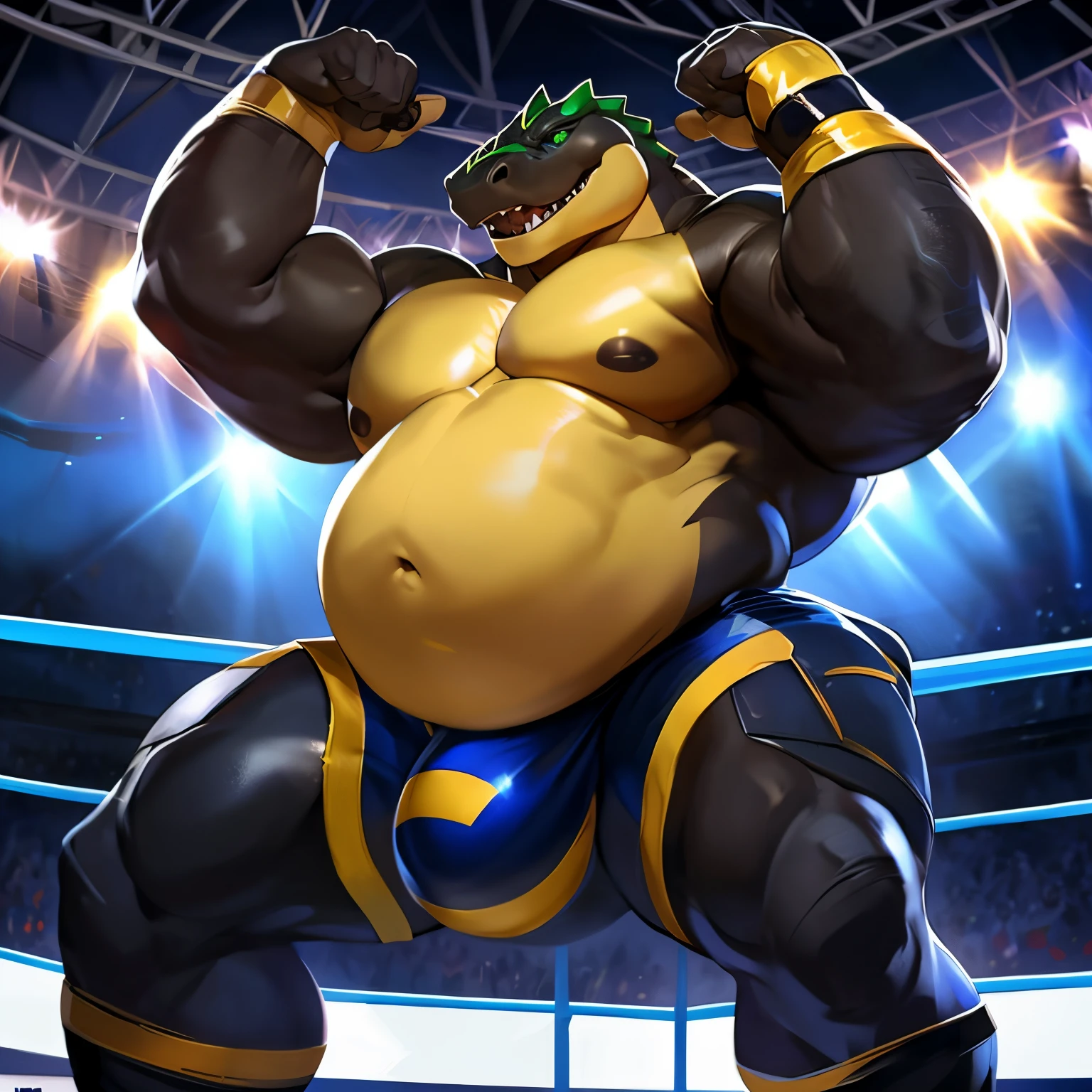 sozinho, macho, alligator, focinho longo, dentes afiados, Presas, rosto grosso, Face larga, ombros largos, musculoso, polir, forte, alto, gigante, Massive, enorme, gigantesco, Big biceps, Pecs grandes, Corpo verde, pele verde, olhos amarelos, chubby, big belly , Virilha detalhada, massive bulge, por darkgem, por Mystikfox61, por chunie, por vader-san, Olhando para o Viewer, sombrio, Dramatic, arena , wrestling venue, grandstand, traje espacial azul, uniforme, wrestling