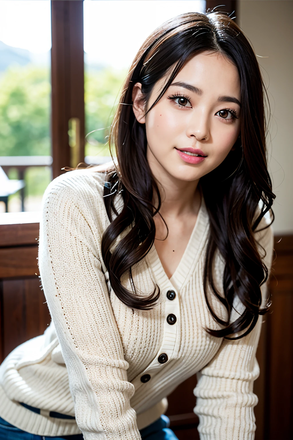 (8K、nffsw、Hi-Res)、((((a picture、Raw photography、Hyper-Realism、masterpiece、top-quality、超A high resolution))))、(Pin Light、Back lighting、Back lighting、ciinematic light)、foco nítido:1。4、(Hyper-detailing、finedetail)、cowboy shot、
1girl in、Egg-shaped face、Big, Beautiful eyes like a cat、Cute and button-like nose、small and slightly plump lips,,、thick eyebrow、long and beautiful eyelashes。Transparent throughout makeup、There is a pink touch and sparkling lip gloss on the cheeks。hairstyle is long with wavy waves,。Random and sexy poses,Random situations、A smile、bokeh feeling、natural、Beautiful resort scenery、Bright sunshine、25-years old、(Drooping eyes 1.5)、Adult beauty、natural、japanes、Wearing long-sleeved clothing、