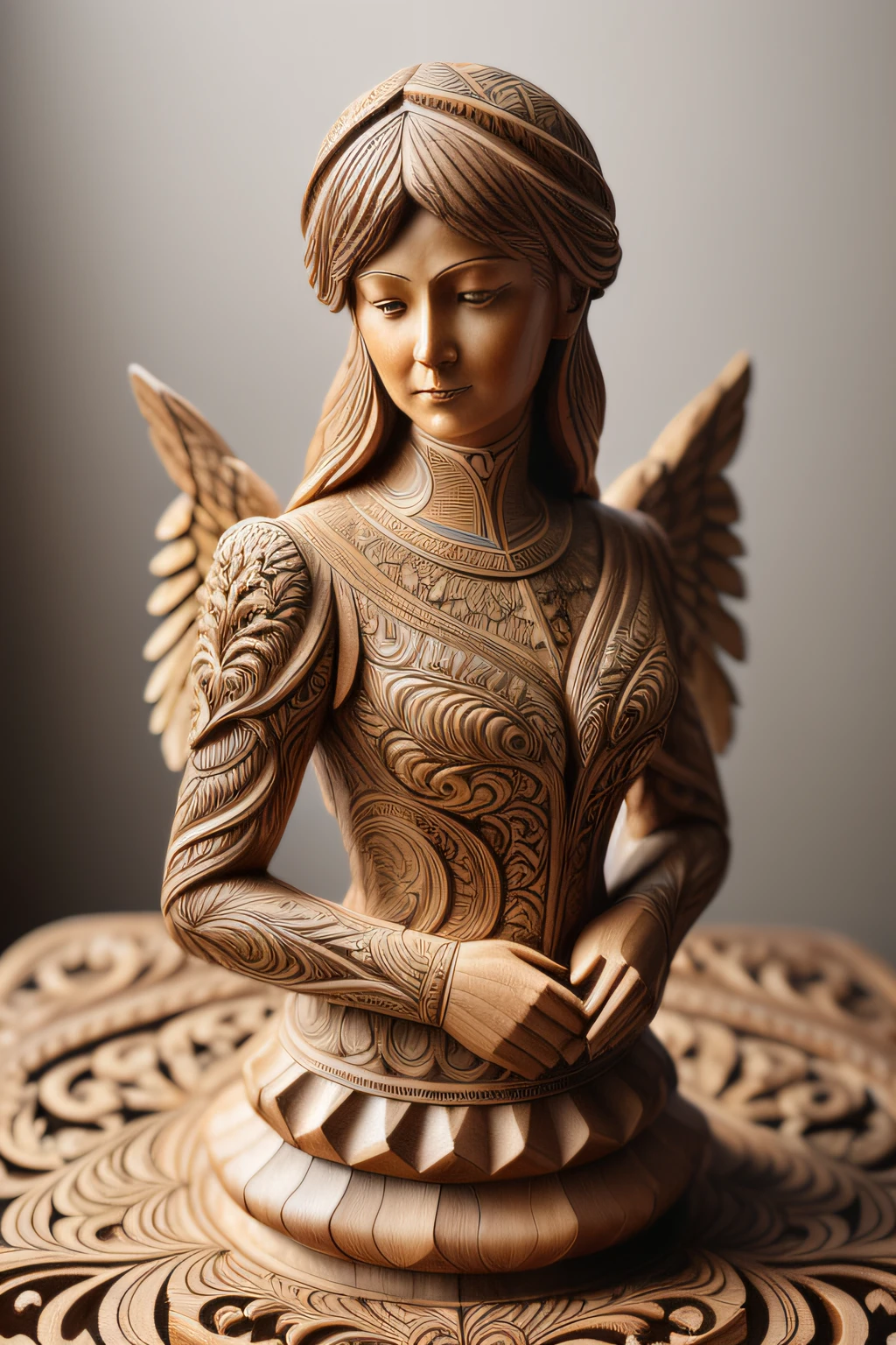 wood figure, close up shot, masterpiece wood carving, angel carved out of big block of wood, detailed carving (painted with varnish colors:1.2), artistic style, realistic, best quality, HDR, 8K,