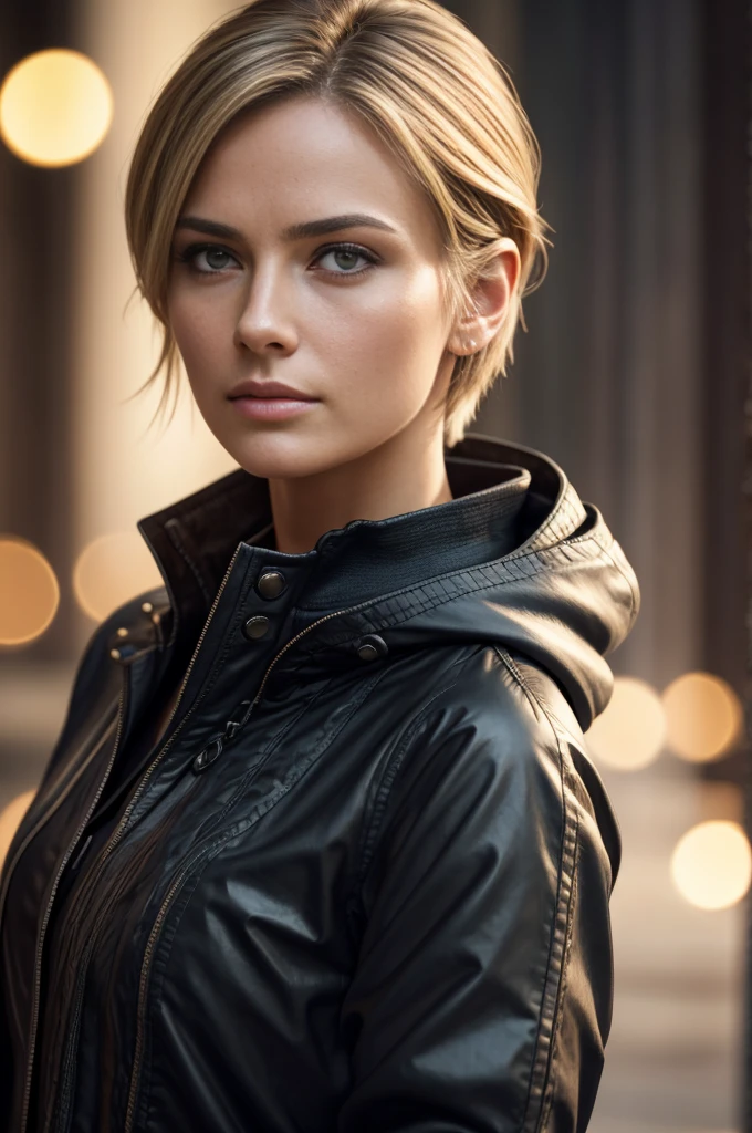 RAW UHD Portrait of a beautiful mature female with a stoic look, facing forward, (Keira Knightley:0.5), Solo, (skin texture:1.1), high detail face, eye glasses, Detailed lips, bright eyes with high level of detail (staring into the camera), short blonde hair not obstructed, detailed dark rain jacket, standing outside, Photorealistic, (masterpiece:1.2), highly detailed, intricate details, Professional, SLR lighting, rim lighting, studio lighting, zoom in on face, background should be dimly lit with bokeh background.
