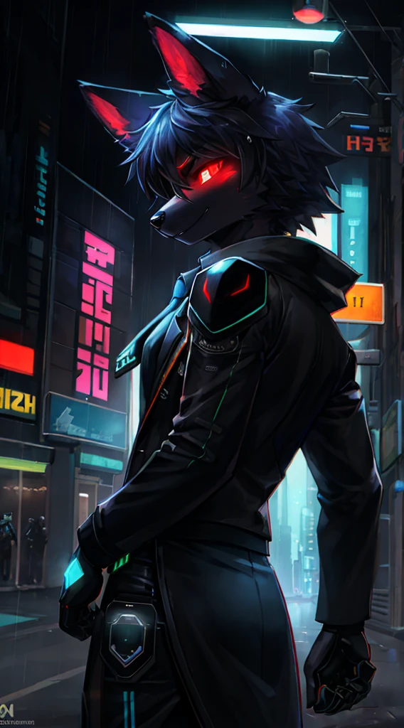 anthro, anthro, black fur color, wide shoulders ,(The Dog Man:1.4), (protogen:1.1), Mechanical parts, A stern look, frown, Very detailed portrait solo-1, Standing in the streets, during a downpour, neon and cyberpunk background, She is dressed in coat-clothes, tie, detailed glowing red eyes with distinct pupils, the sinister aura of Halo,, ciberpunk, back light, chromatic aberration, Depth of field, soft-lighting, tmasterpiece, beste-Qualit, an intricate, tone mapped, Detailed, Artstation, ConceptArt, fluent, sharp-focus, dramatic lighting, Highly detailed works of art, Filmic, hyper-realistic painting, Trending on ArtStation, 8K, Incredible shadows, Realistic, (high detailed background:1.0)