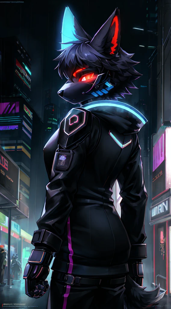 anthro, anthro, black fur color, wide shoulders ,(The Dog Man:1.4), (protogen:1.1), Mechanical parts, A stern look, frown, Very detailed portrait solo-1, Standing in the streets, during a downpour, neon and cyberpunk background, She is dressed in coat-clothes, tie, detailed glowing red eyes with distinct pupils, the sinister aura of Halo,, ciberpunk, back light, chromatic aberration, Depth of field, soft-lighting, tmasterpiece, beste-Qualit, an intricate, tone mapped, Detailed, Artstation, ConceptArt, fluent, sharp-focus, dramatic lighting, Highly detailed works of art, Filmic, hyper-realistic painting, Trending on ArtStation, 8K, Incredible shadows, Realistic, (high detailed background:1.0)