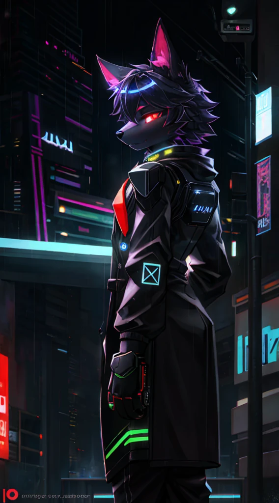 anthro, anthro, black fur color, wide shoulders ,(The Dog Man:1.4), (protogen:1.1), Mechanical parts, A stern look, frown, Very detailed portrait solo-1, Standing in the streets, during a downpour, neon and cyberpunk background, She is dressed in coat-clothes, tie, detailed glowing red eyes with distinct pupils, the sinister aura of Halo,, ciberpunk, back light, chromatic aberration, Depth of field, soft-lighting, tmasterpiece, beste-Qualit, an intricate, tone mapped, Detailed, Artstation, ConceptArt, fluent, sharp-focus, dramatic  lighting, Highly detailed works of art, Filmic, hyper-realistic painting, Trending on ArtStation, 8K, Incredible shadows, Realistic, (high detailed background:1.0)