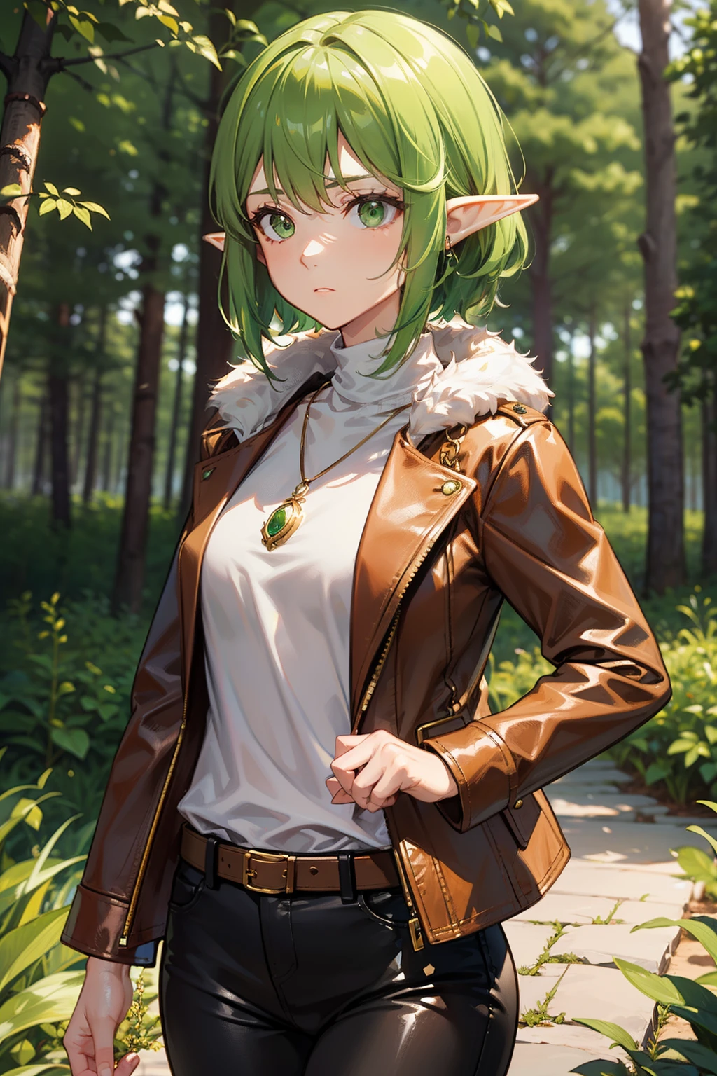Adult elf woman with green sidecut hair and green eyes, flat breast, wears a shirt and a brown long leatherjacket with fur, wears golden necklace with green pendant, black pants, forest in background, strong face expression