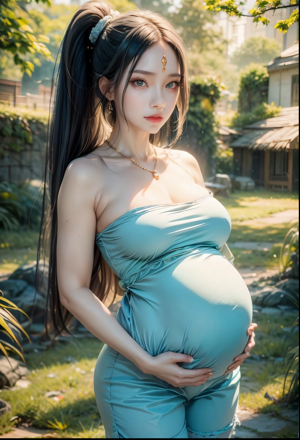 realistic, 1 pregnant woman, best quality, 12k, HD, long hair, big round breasts, cleavage, ponytail, necklace, jewelry, shorts, short jacket, slim hips, hair tie, yellow eyes, black hair, super detailed , Eye details, hair details, person details, mouth details, face details, breast details, clothes details, hair details, pants details, hand details, whole body