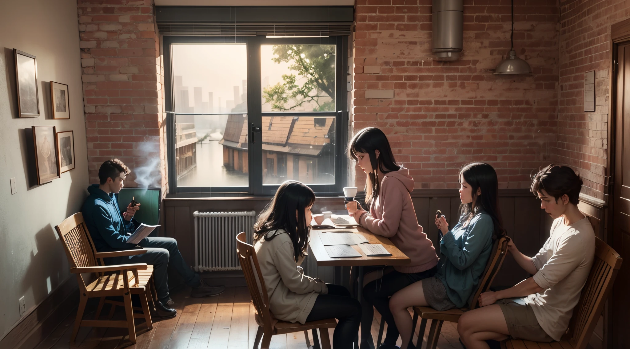Imagine a cozy and nostalgic setting, where lofi music finds its true home. The stage is a cozy cafe, with large windows that reveal a cityscape drenched in gentle rain. City lights reflect off puddles of water, creating a soft, relaxing glow. The worn wooden tables are decorated with cups of steaming coffee and open books. The walls are covered in brick, and a vinyl shelf displays a collection of old albums. A fireplace crackles softly in the corner, providing a comforting warmth to the scene. In the center of the cafe, a lazy cat lounges on a soft rug, while customers settle into cushioned chairs, losing themselves in their thoughts or delving into the books in their hands. Some have laptops open, revealing a glimpse of creative work in progress. The atmosphere is flooded with soft, diffused light, creating soft shadows that dance across the walls. The rain outside is gently tapping against the windows, adding a comforting layer to the lofi music that fills the space. The air is filled with the aroma of fresh coffee and subtle notes of vanilla. As the minutes tick by, the scenery comes to life with small, animated details like smoke rising from cups, book pages slowly turning, and raindrops running down windows. The movement is calm, harmonizing perfectly with the lofi music, creating a relaxing and immersive visual and sound experience. This is the perfect retreat for those seeking inspiration, tranquility and a well-deserved break from the hectic pace of everyday life. --auto --s2