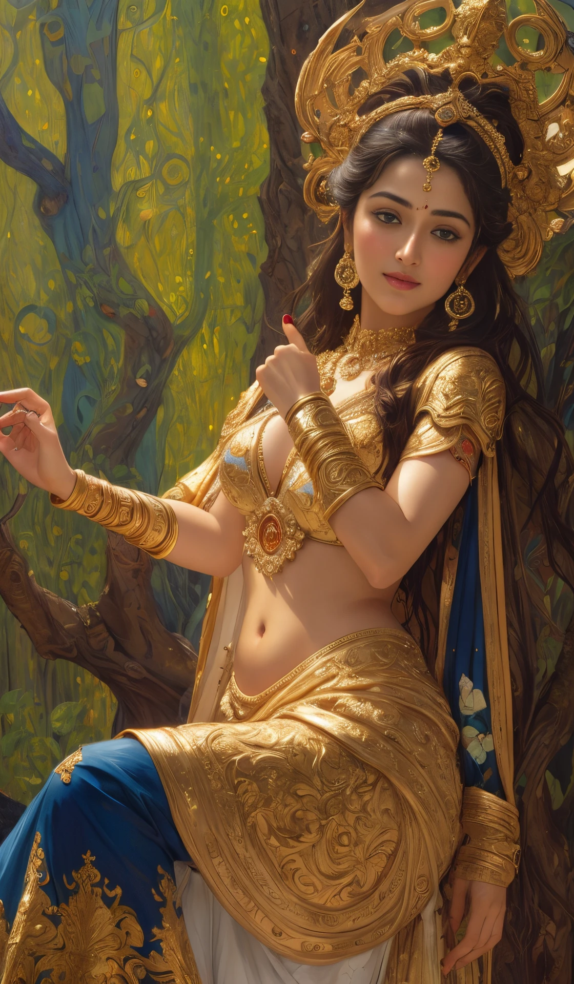 Face mix of Anushka Shetty and Nayanthara, a masterpiece ultrarealistic ultradetailed portrait of a beautiful girl in incredible goledn armor. baroque renaissance. in forest. medium shot, intricate, elegant, highly detailed. trending on artstation, digital art, by stanley artgerm lau, wlop, rossdraws, james jean, andrei riabovitchev, marc simonetti, yoshitaka amano. background by james jean and gustav klimt, light by julie bell, 4 k, porcelain skin.