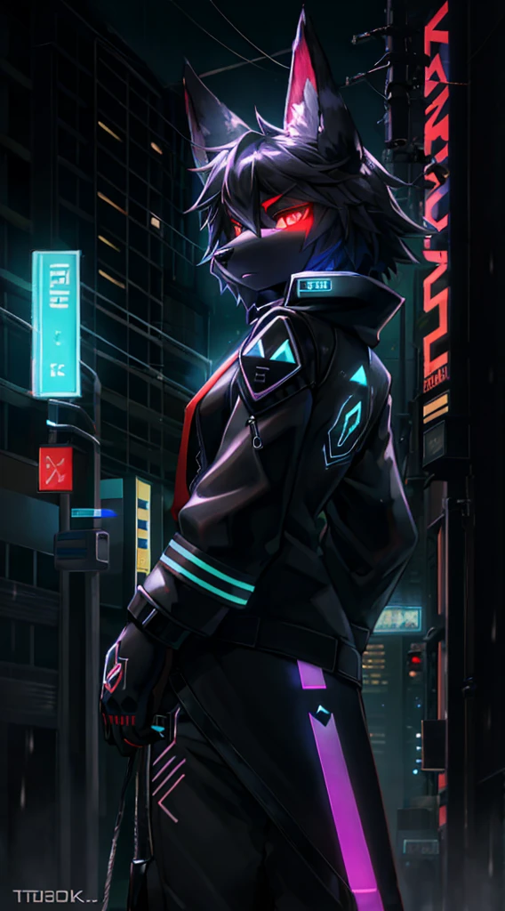 anthro, anthro, black fur color, wide shoulders ,(dog man:1.4), (protogen:1.1), Mechanical parts, A stern look, frown, Very detailed portrait solo-1, Standing in the streets, during a downpour, neon and cyberpunk background, She is dressed in coat-clothes, tie, detailed glowing red eyes with distinct pupils, the sinister aura of Halo,, ciberpunk, back light, chromatic aberration, Depth of field, soft-lighting, tmasterpiece, beste-Qualit, an intricate, tone mapped, Detailed, Artstation, ConceptArt, fluent, sharp-focus, dramatic  lighting, Highly detailed works of art, Filmic, hyper-realistic painting, Trending on ArtStation, 8K, Incredible shadows, Realistic, (high detailed background:1.0)