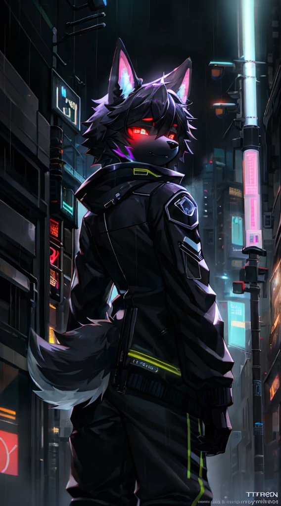 anthro, anthro, black fur color, wide shoulders ,(The Dog Man:1.4), fluffy ears and tail, (protogen:1.1), Mechanical parts, A stern look, frown, Very detailed portrait solo-1, Standing in the streets, during a downpour, neon and cyberpunk background, She is dressed in coat-clothes, tie, detailed glowing red eyes with distinct pupils, the sinister aura of Halo,, ciberpunk, back light, chromatic aberration, Depth of field, soft-lighting, tmasterpiece, beste-Qualit, an intricate, tone mapped, Detailed, Artstation, ConceptArt, fluent, sharp-focus, dramatic  lighting, Highly detailed works of art, Filmic, hyper-realistic painting, Trending on ArtStation, 8K, Incredible shadows, Realistic, (high detailed background:1.0)