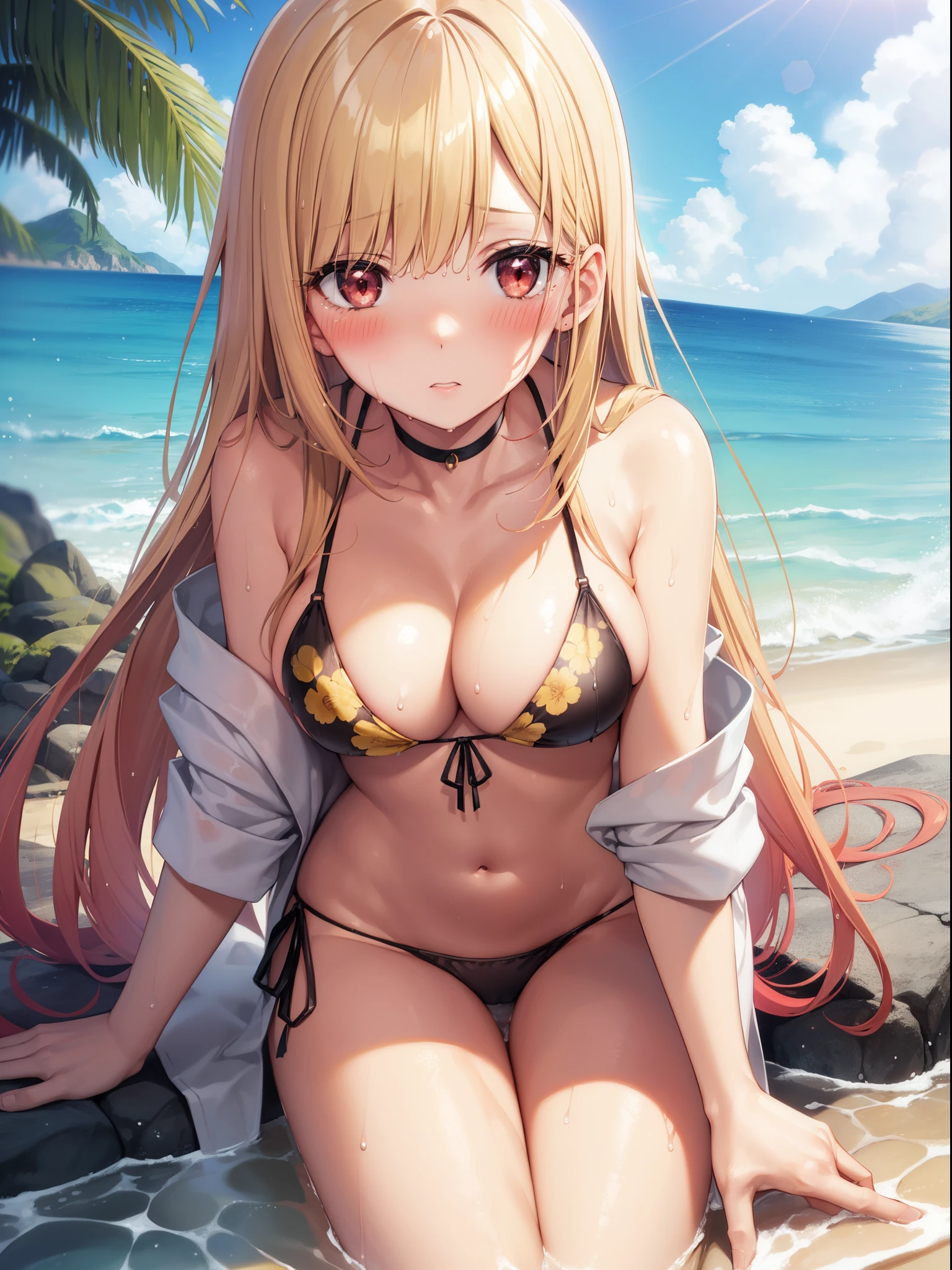 1girl, marin kitagawa, blonde hair, choker, long hair, (red eyes:1.5), straight hair, swept bangs, (blush:1.3),
BREAK (triangle bikini:1.2), Black bikini, (Yellow floral bikini:1.3), medium breasts, Naked, Exposed skin, (Wet skin:1.3), leaning forward, hands on own knees,
BREAK (sea:1.5), beach, (solar:1.3),
BREAK looking at viewer,
BREAK (masterpiece:1.2), best quality, high resolution, unity 8k wallpaper, (illustration:0.8), (beautiful detailed eyes:1.6), extremely detailed face, perfect lighting, extremely detailed CG, (perfect hands, perfect anatomy)