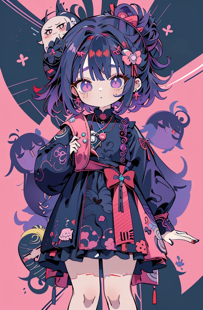 absurdos, alta resolução, (estilo anime:1.1), ((masutepiece)), ((best quality)), (ultra-detalhado), (Beautiful),beautiful face、(elevation),Longas、Estilo Azhiichigo,olhos grandes, linhas densas, mixing pattern,fofo,1. lo gothic, Standards Expansion、cabelo roxo claro、fita bonito、purple one piece clothes、um olho roxo、plano de fundo simples、fundo cinza、(((((1girl em、terno meu roxo、vestido bonito、vestido com uma grande fita rosa、vestido com fita rosa)))))(a parte superior do corpo、(((((uma )))))、((((Lori、filho mais novo))))、Gosic、{{{{{lo gothic、a parte superior do corpo}}}}}{{{{{{{{{{a parte superior do corpo}}}}}}}}}}{{{magia}}}, ({{{{{plano de fundo simples、cabelos fofos}}}}})medium format film camera, fundo naturalmente desfocado,