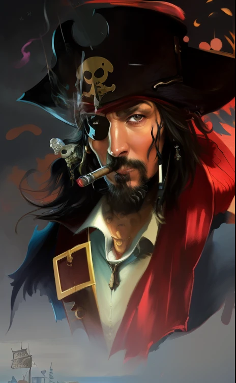 a painting of a pirate smoking a cigarette with a skull on his head, pirate portrait, swashbuckler class pirate, pirate captain, pirate, a pirate, by Johannes Helgeson, by Auseklis Ozols, by Nicolas Carone, by Adrian Zingg, by Caesar van Everdingen, by Carlos Berlanga, by Aleksander Gine